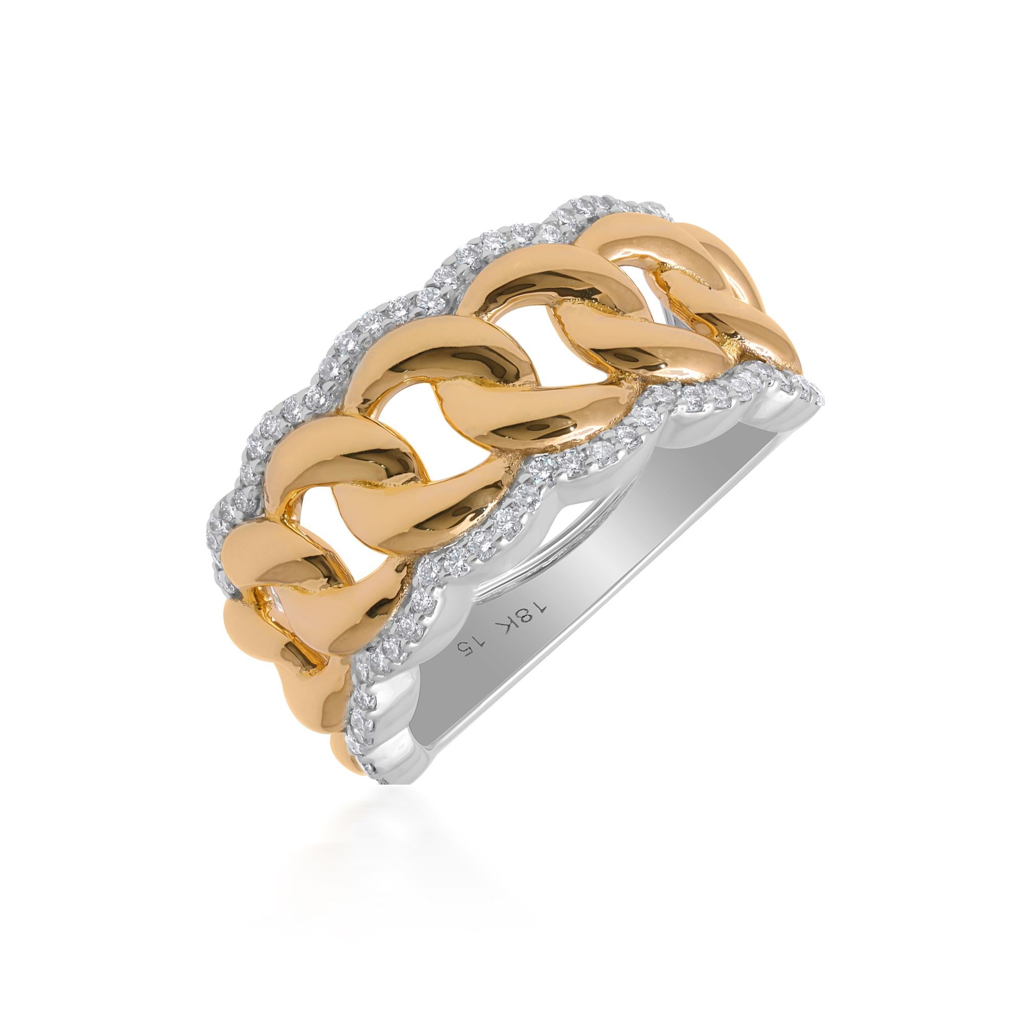 Round Cut 1/2 Carat Diamond Cuban Link Chain Ring 14 Karat Yellow & White Gold Jewelry For Sale