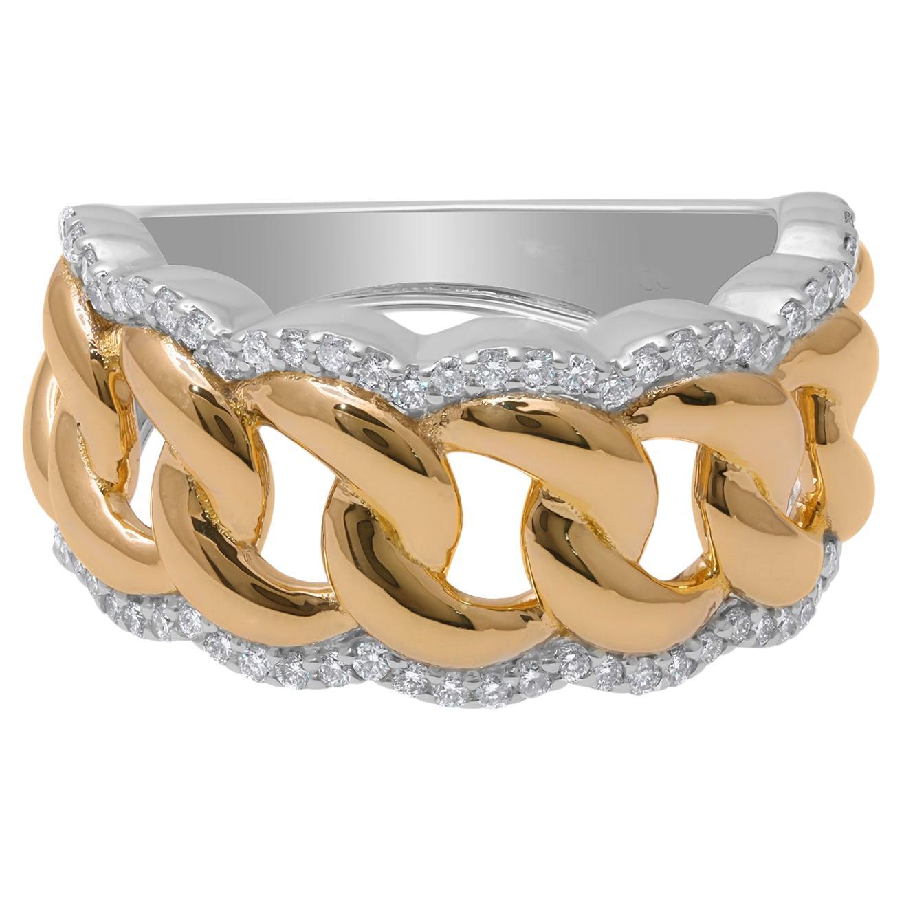 1/2 Carat Diamond Cuban Link Chain Ring 14 Karat Yellow & White Gold Jewelry For Sale