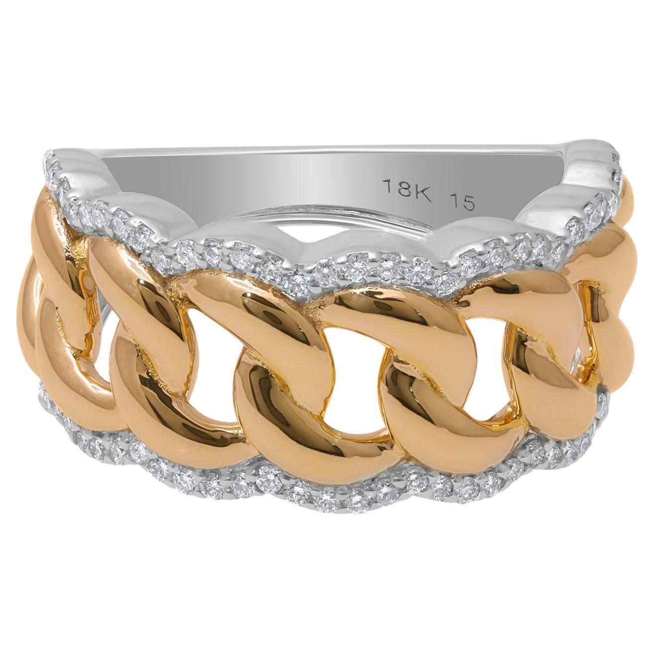 1/2 Carat Diamond Cuban Link Chain Ring 18 Karat Yellow & White Gold Jewelry