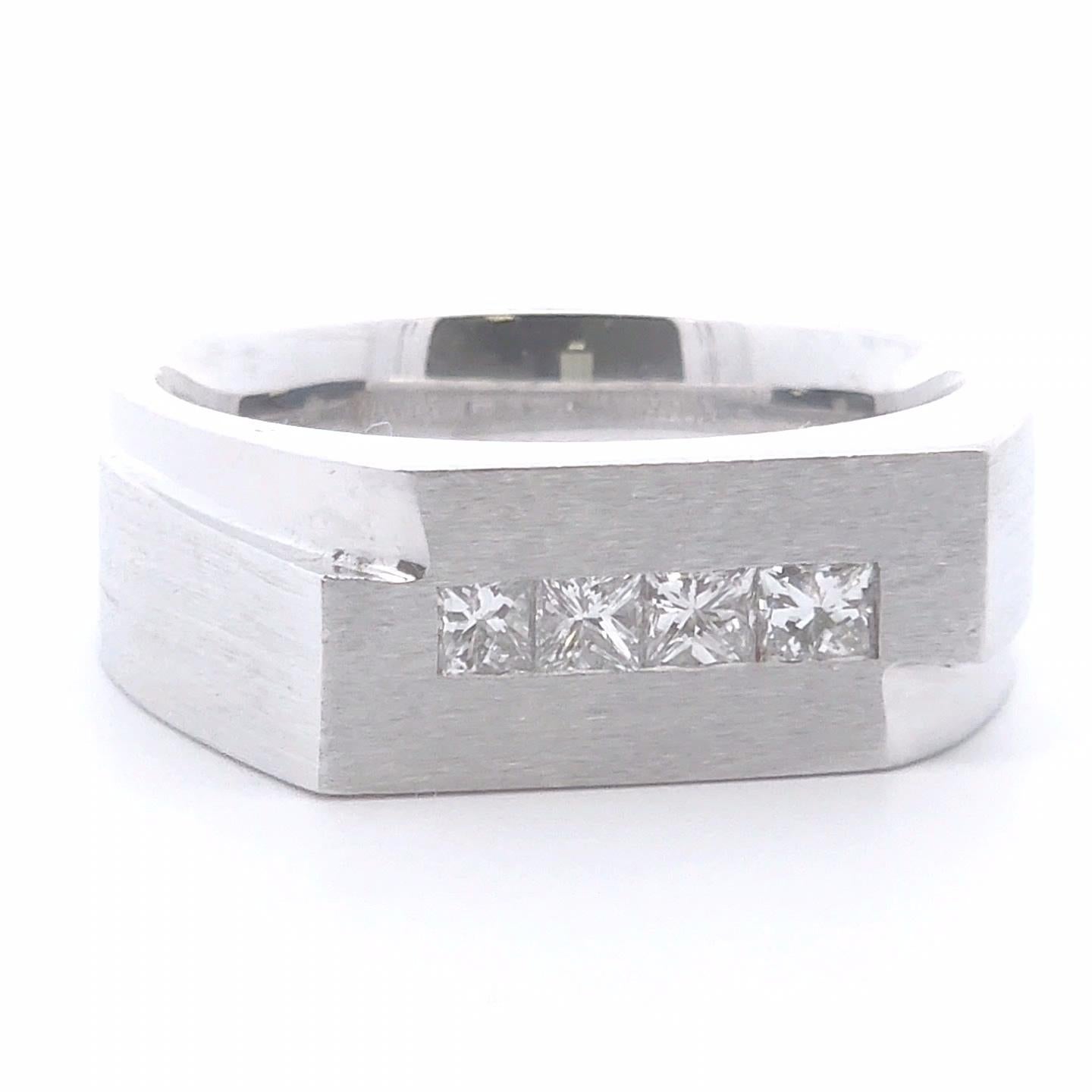 Introducing our stunning 1/2 Carat Diamond Men’s Ring, crafted in luxurious 14K white gold. This elegant ring features four exquisite princess-cut diamonds set prominently at the front, showcasing their brilliant sparkle and sophisticated allure.