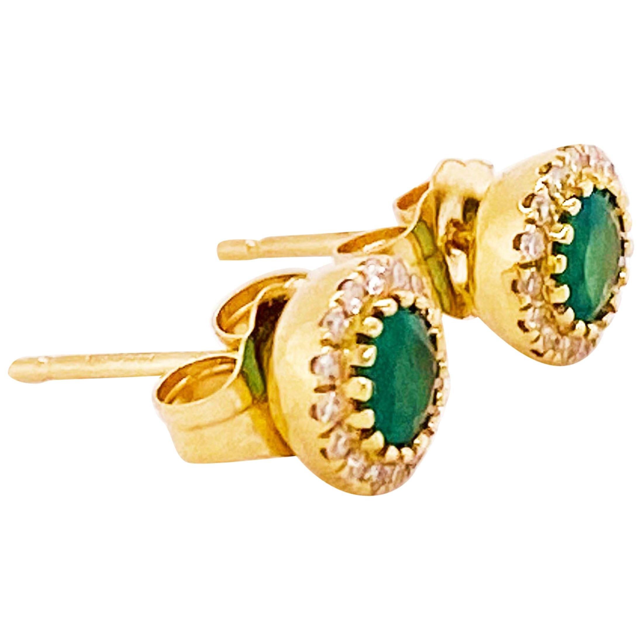 1/2 Carat Emerald and Diamond Studs Earrings, Halo of Diamonds Around Emeralds