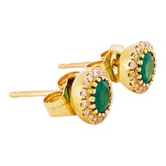 1/2 Carat Emerald and Diamond Studs Earrings, Halo of Diamonds Around Emeralds