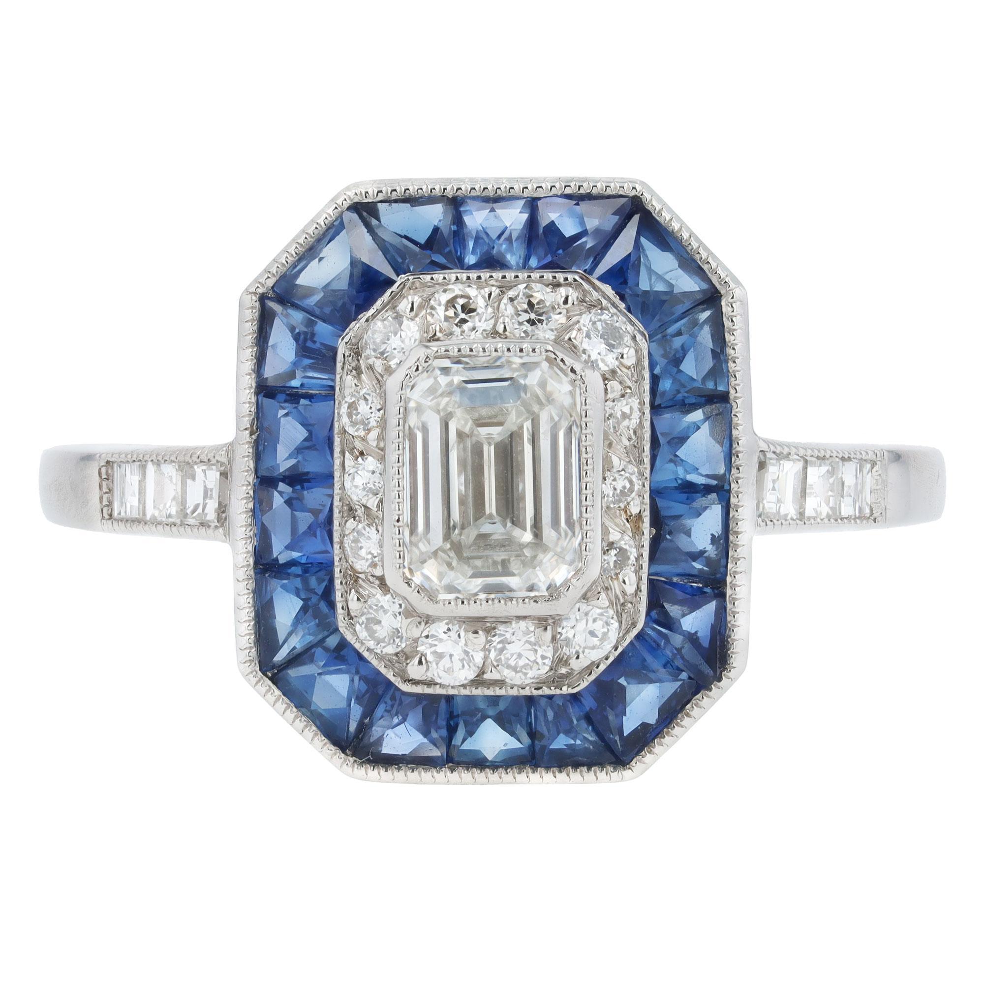 1/2 Carat Emerald Cut Diamond Art Deco Style Sapphire Halo Engagement Ring In New Condition For Sale In Santa Barbara, CA