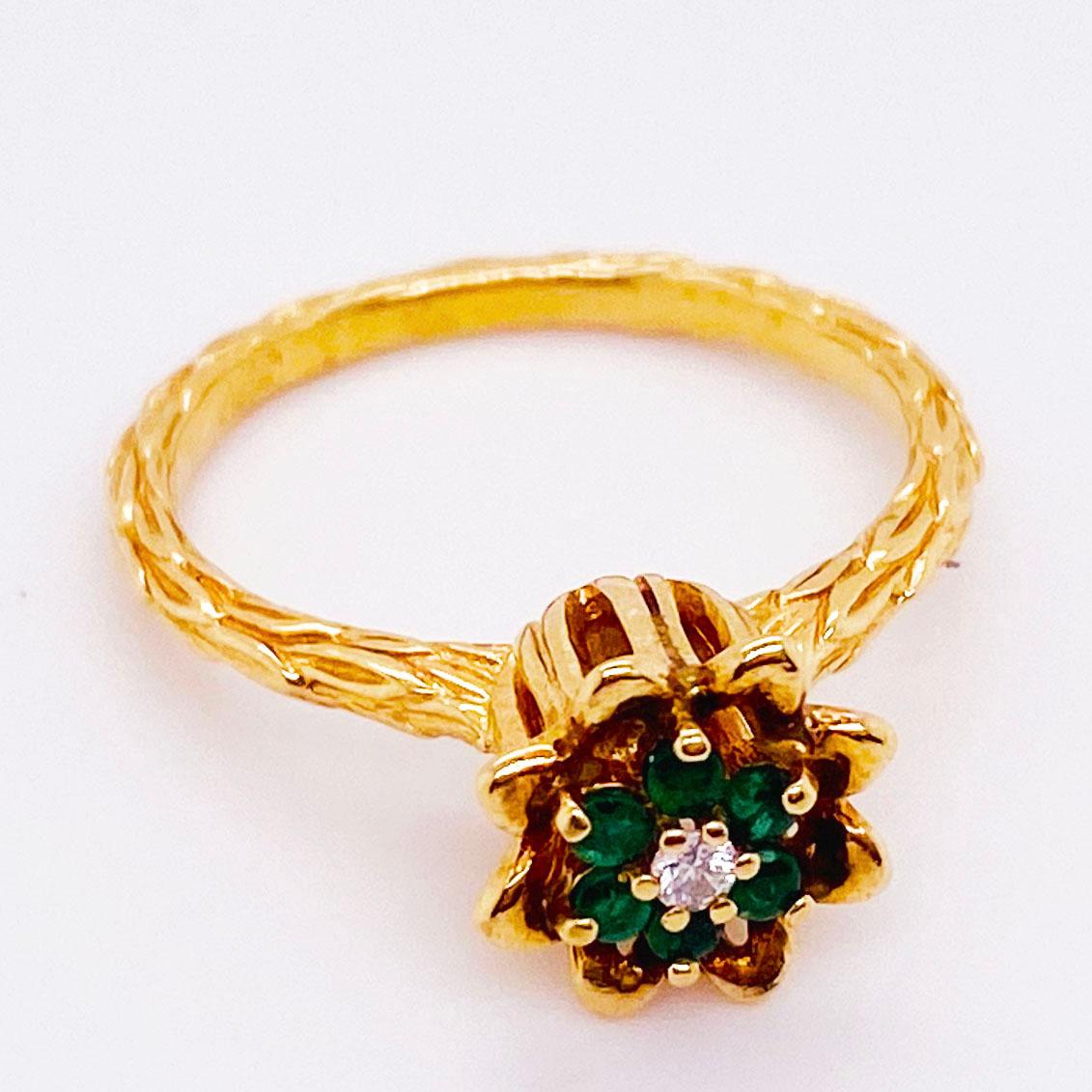 The adorable emerald and diamond tulip ring is a classic flower design that has been worn for generations. This dainty fine jewelry piece is made with genuine round emerald gemstones and a natural round brilliant diamond. The tulip design has deep