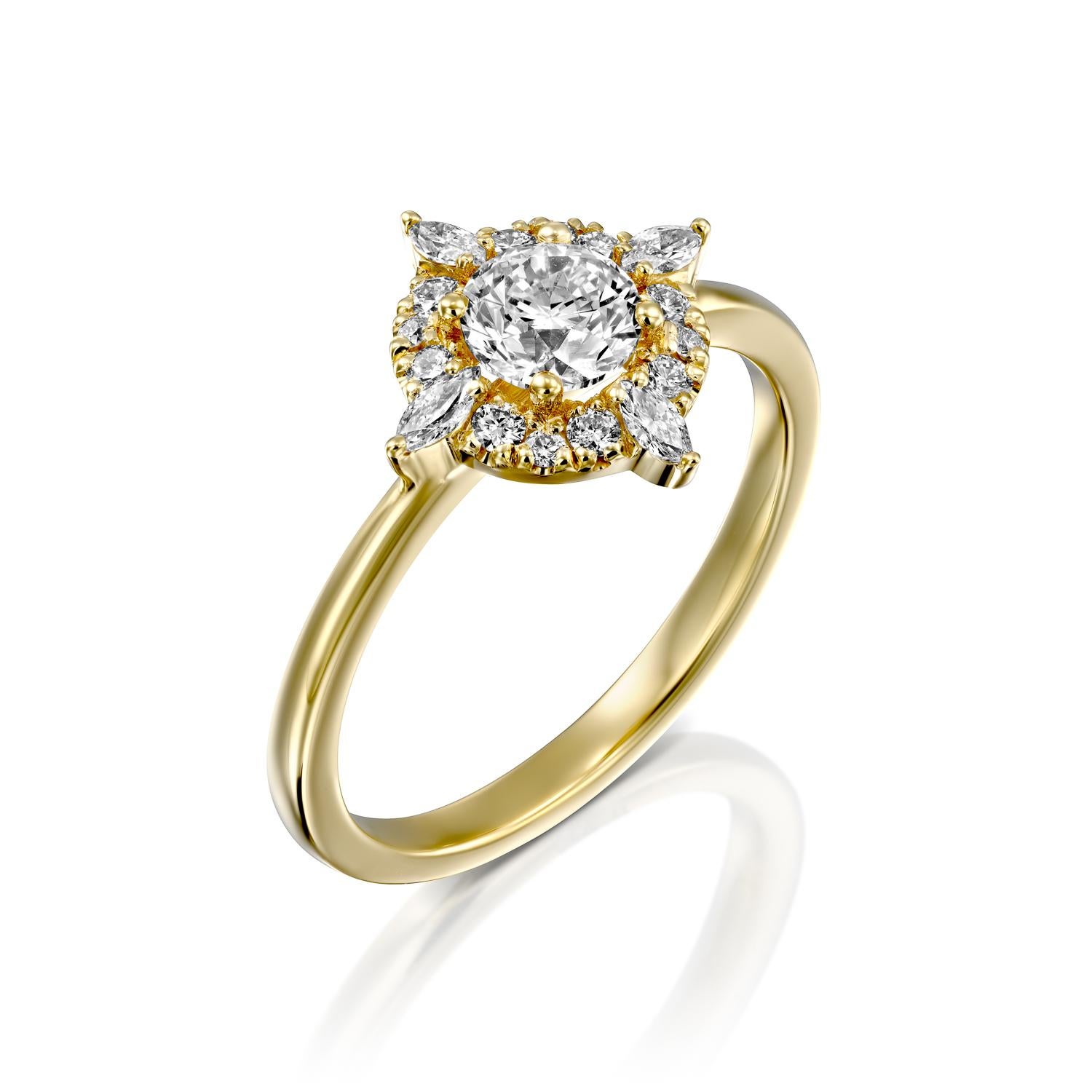 Unique and special Victorian style GIA certified diamond engagement ring. Ring features a 0.5 carat round cut 100% eye clean natural diamond of F-G color and VS2-SI1 clarity and it is surrounded by smaller natural round diamonds approx. 0.25 total