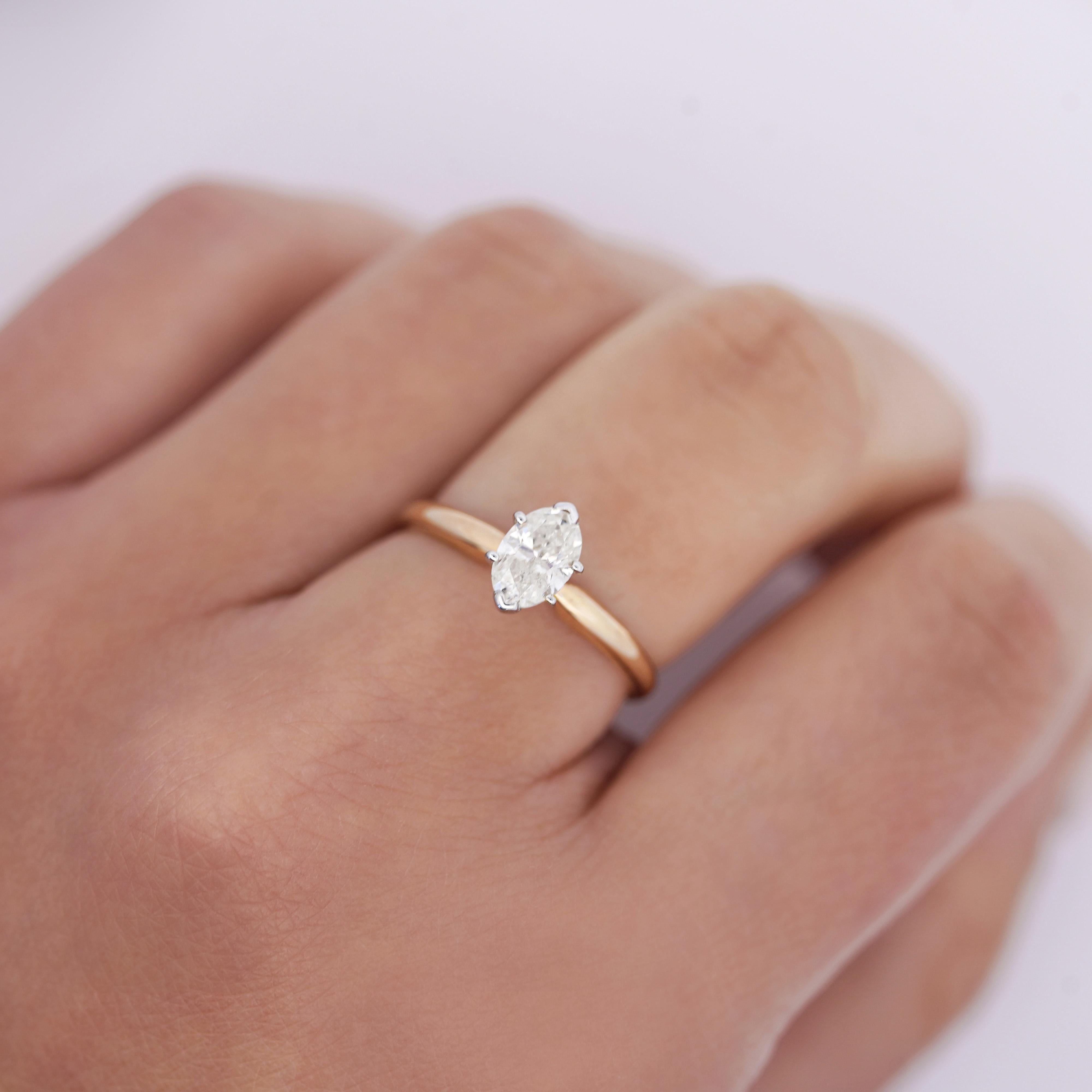 Women's or Men's 1/2 Carat Marquise Diamond Solitaire 2-tone 14K Gold Ring For Sale