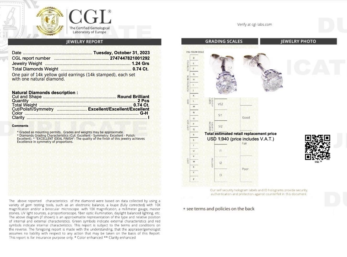 1/2 Carat Natural Diamond 4-Prong Basket Stud Earrings In 14K White Gold For Sale 5
