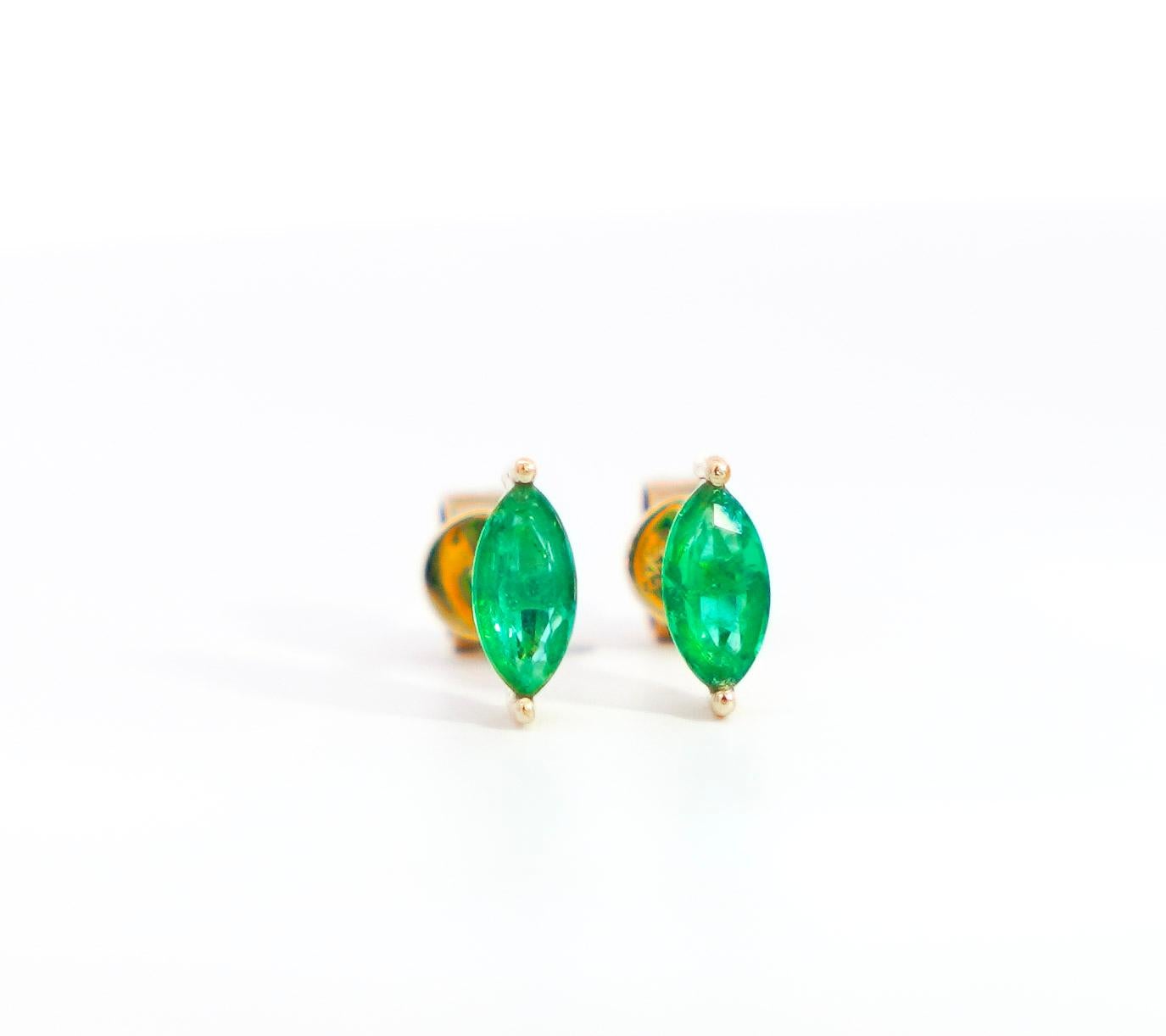 1/2 Carat Natural Emerald Marquise Cut 8MM Stud Earrings in 14K Yellow Gold For Sale 8