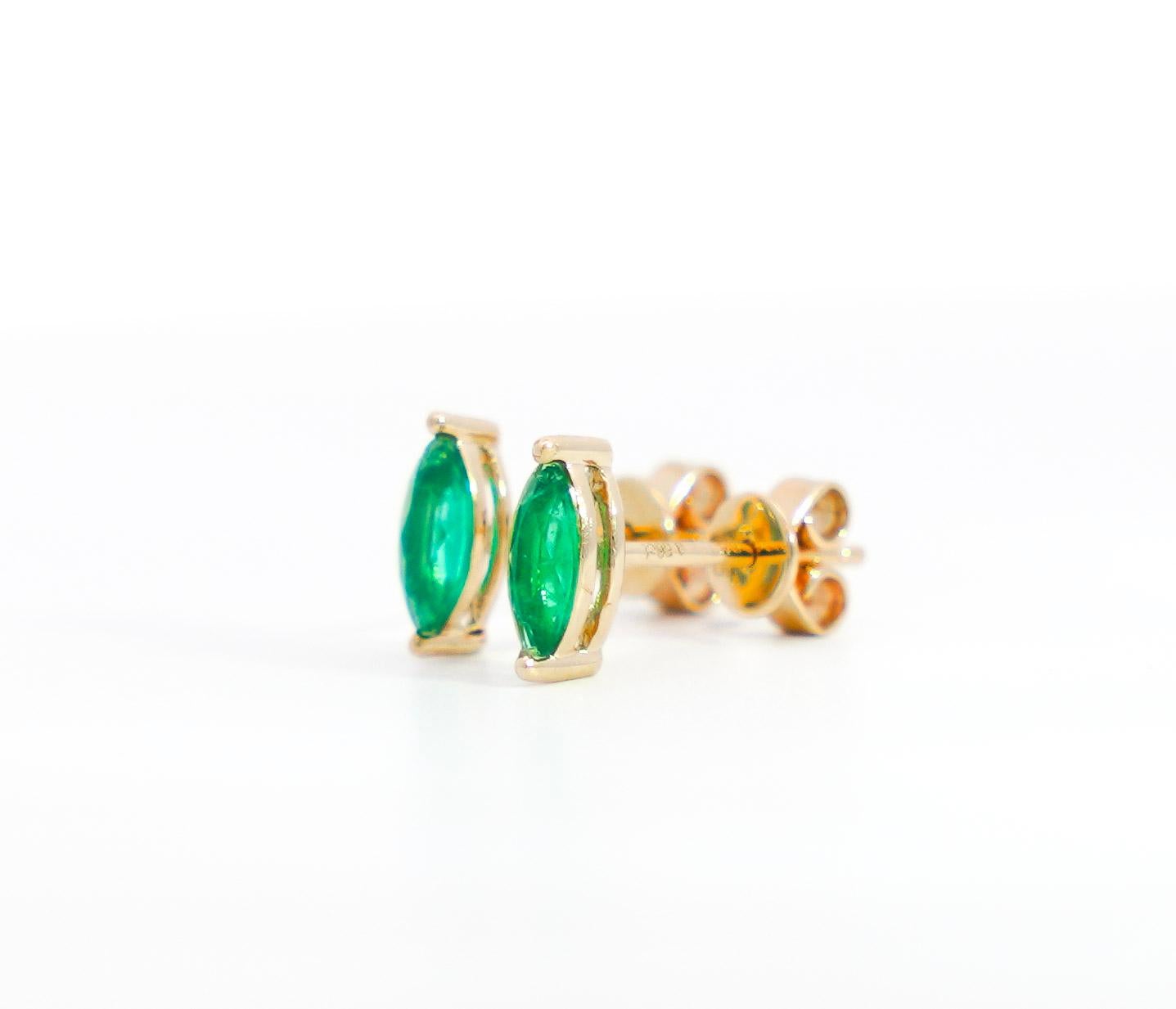 Modern 1/2 Carat Natural Emerald Marquise Cut 8MM Stud Earrings in 14K Yellow Gold For Sale