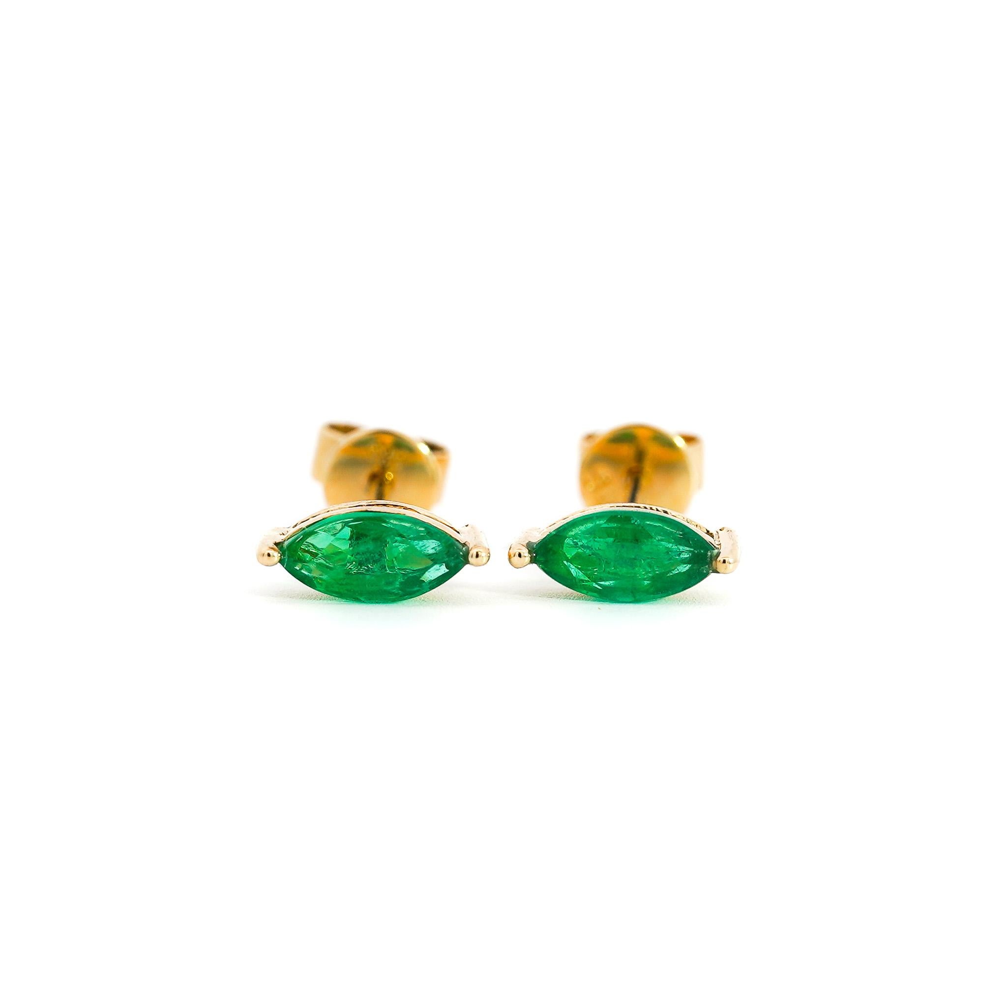 Women's 1/2 Carat Natural Emerald Marquise Cut 8MM Stud Earrings in 14K Yellow Gold For Sale