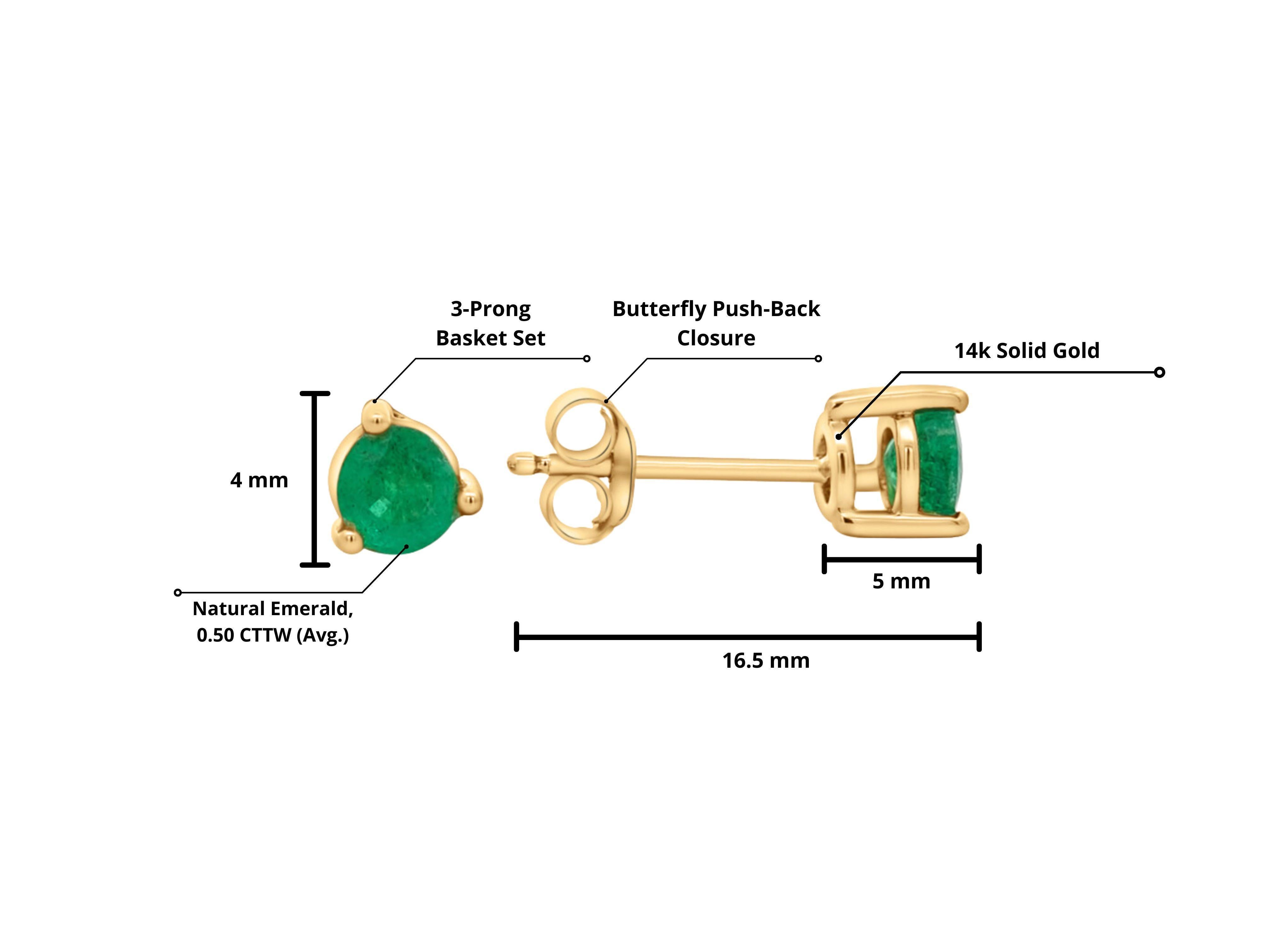 1/2 Carat Natural Emerald Round 4mm 3-Prong 14K Gold Stud Earrings For Sale 1