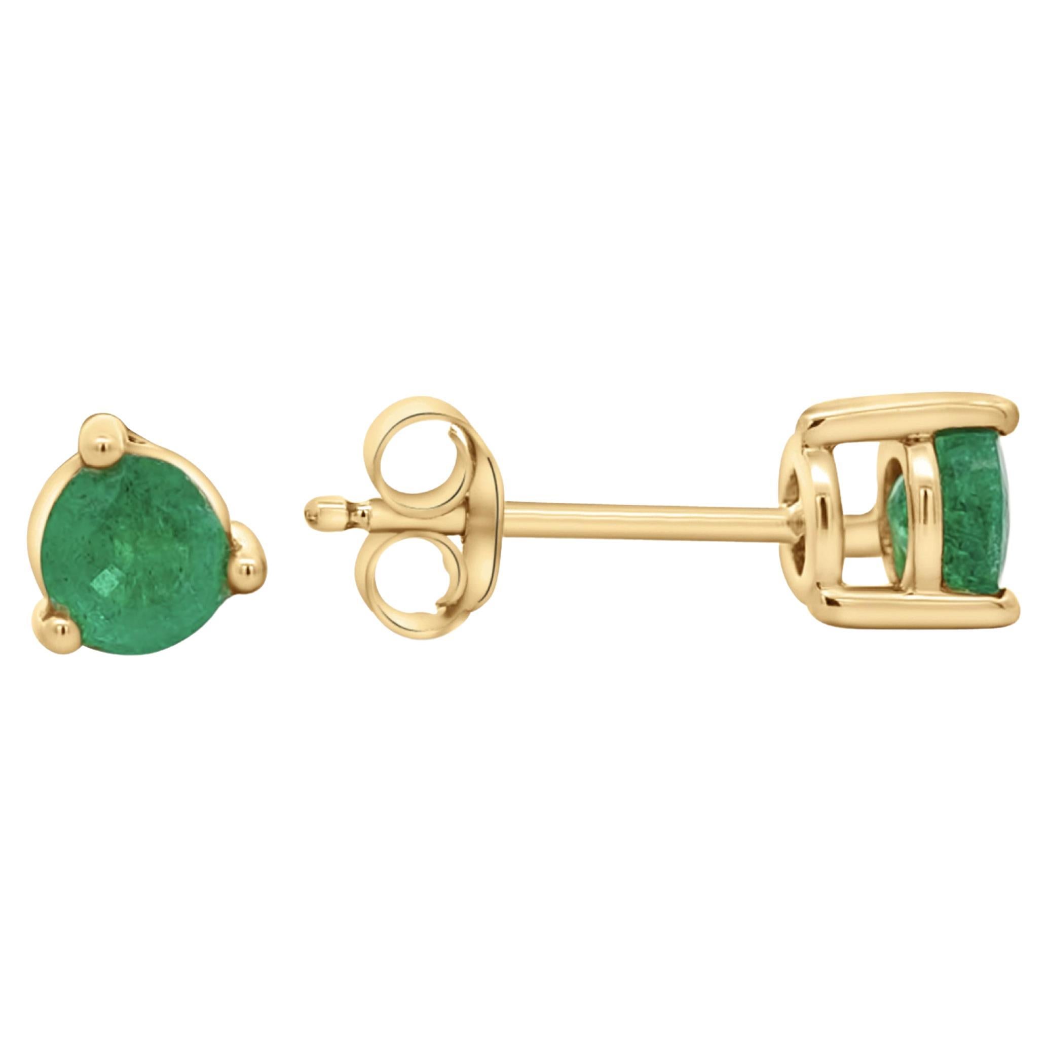 1/2 Carat Natural Emerald Round 4mm 3-Prong 14K Gold Stud Earrings For Sale