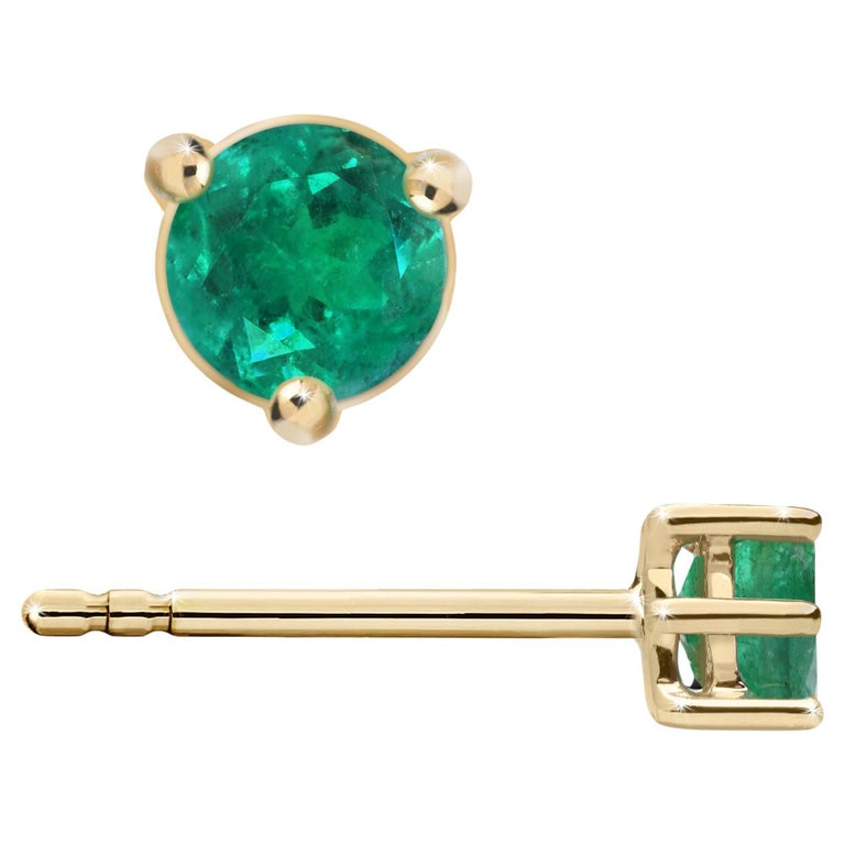 1/2 Carat Natural Emerald Round 4mm 3-Prong 14K Gold Stud Earrings