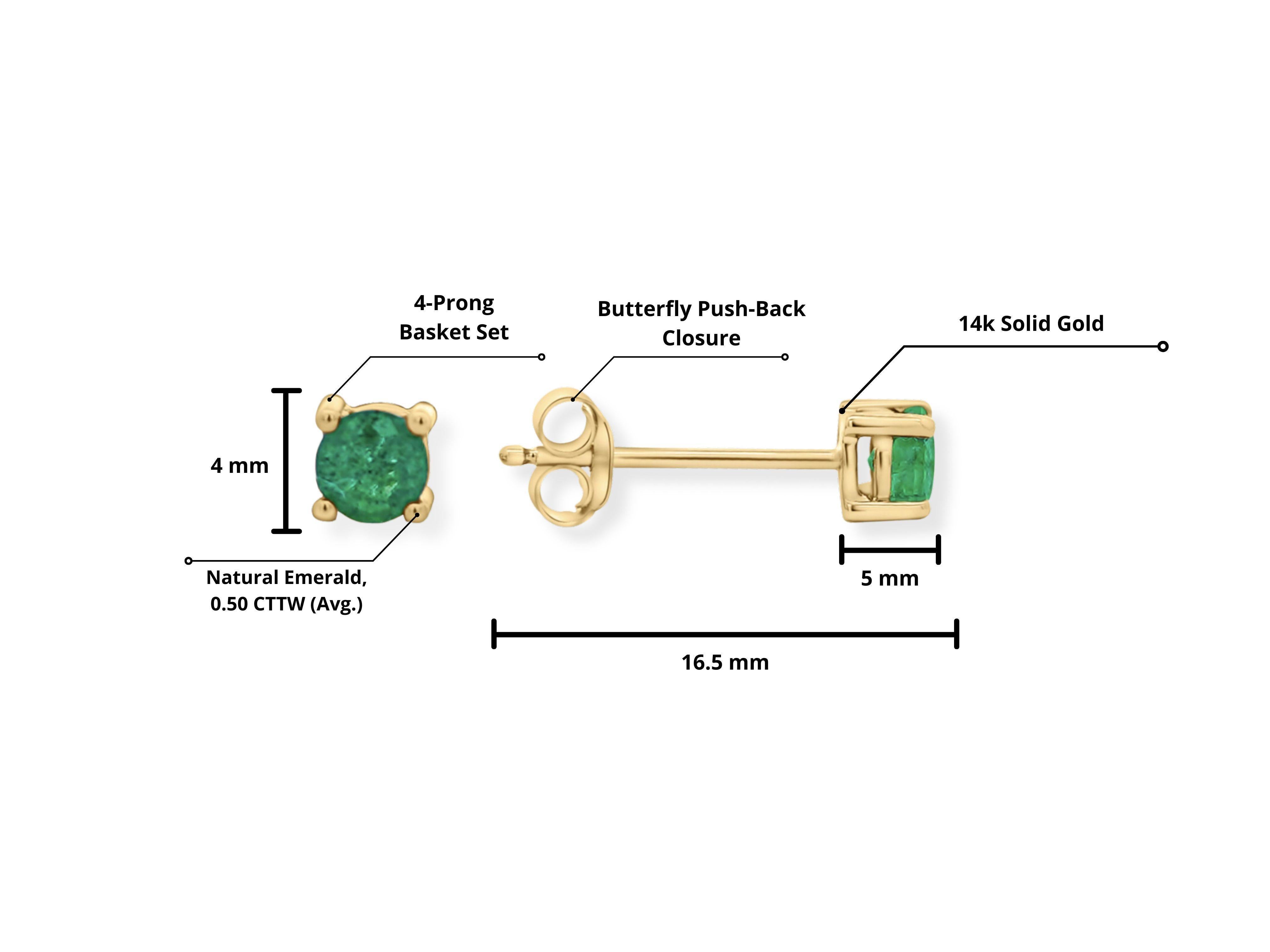 Natural Colombian 1/2 Carat Total Round Cut Emerald Stud Earrings in 14K Solid Yellow Gold 4-Prong Basket Setting.

These earrings are the real thing, for the best price. The emeralds are noticeably natural and full of luster, color, and