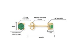 1/2 Carat Natural Round Cut Emerald 4mm 4-Prong 14K Yellow Gold Stud Earrings
