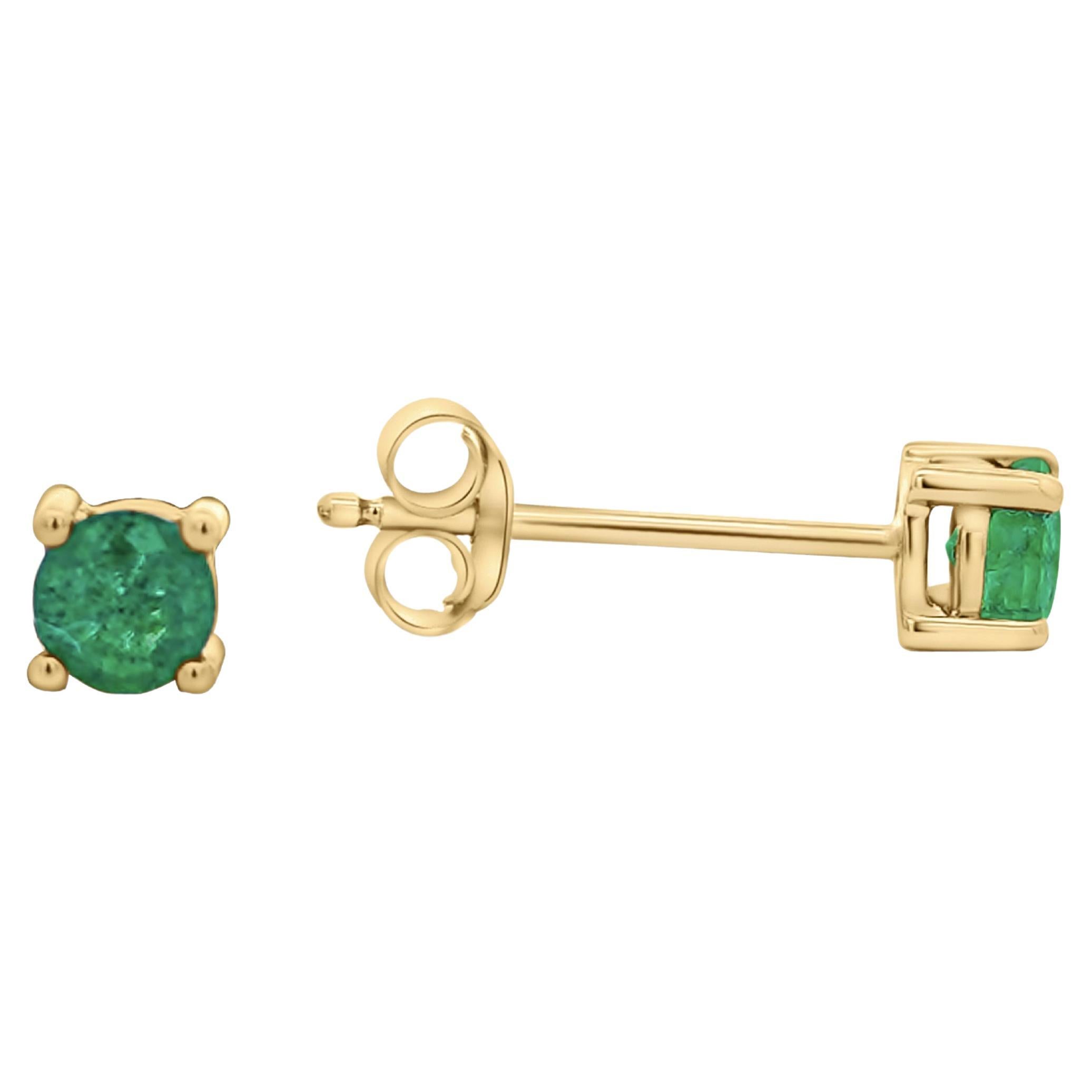 1/2 Carat Natural Round Cut Emerald 4mm 4-Prong 14K Yellow Gold Stud Earrings
