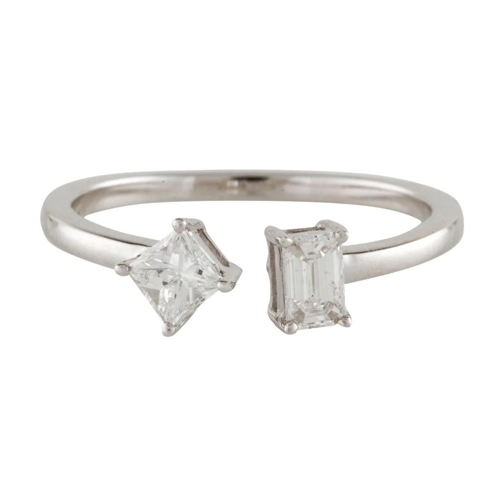 Brilliant Cut 1/2 Carat Princess & Emerald Cut Diamond Twin Ring in 14k Gold For Sale