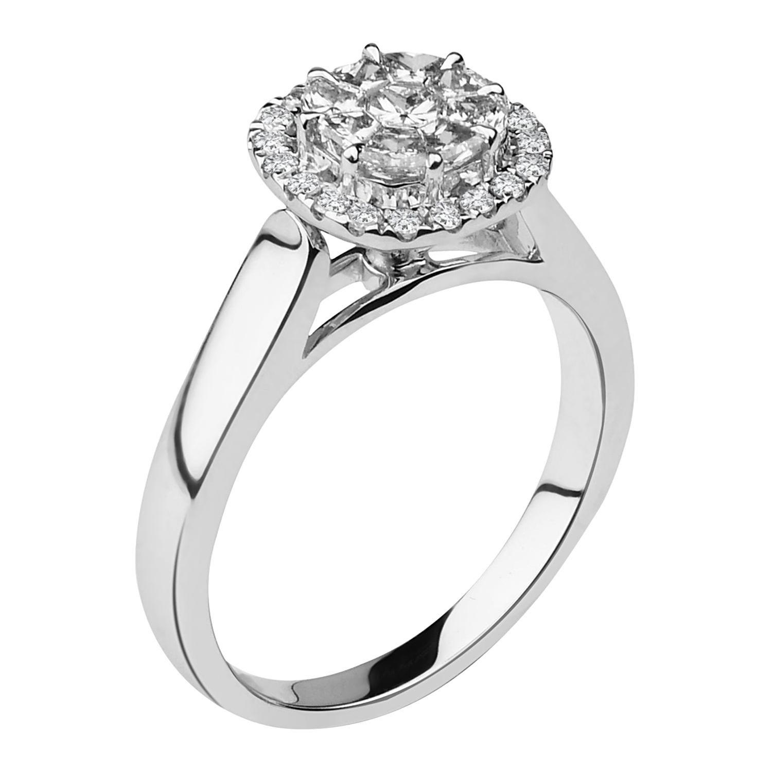 1/2 Carat Round Certified Diamond Ring with Double Halo 14 Karat White Gold For Sale