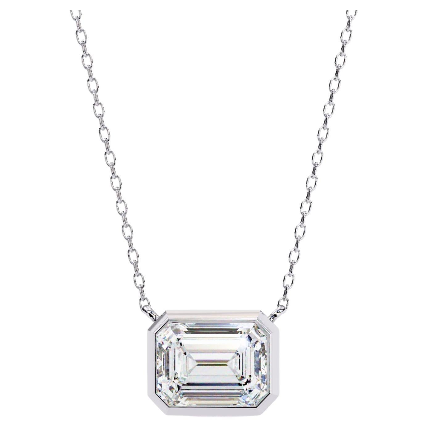 1/2 Ct Emerald Diamond Bezel Pendant Necklace, 14K Solid Gold, SI GH