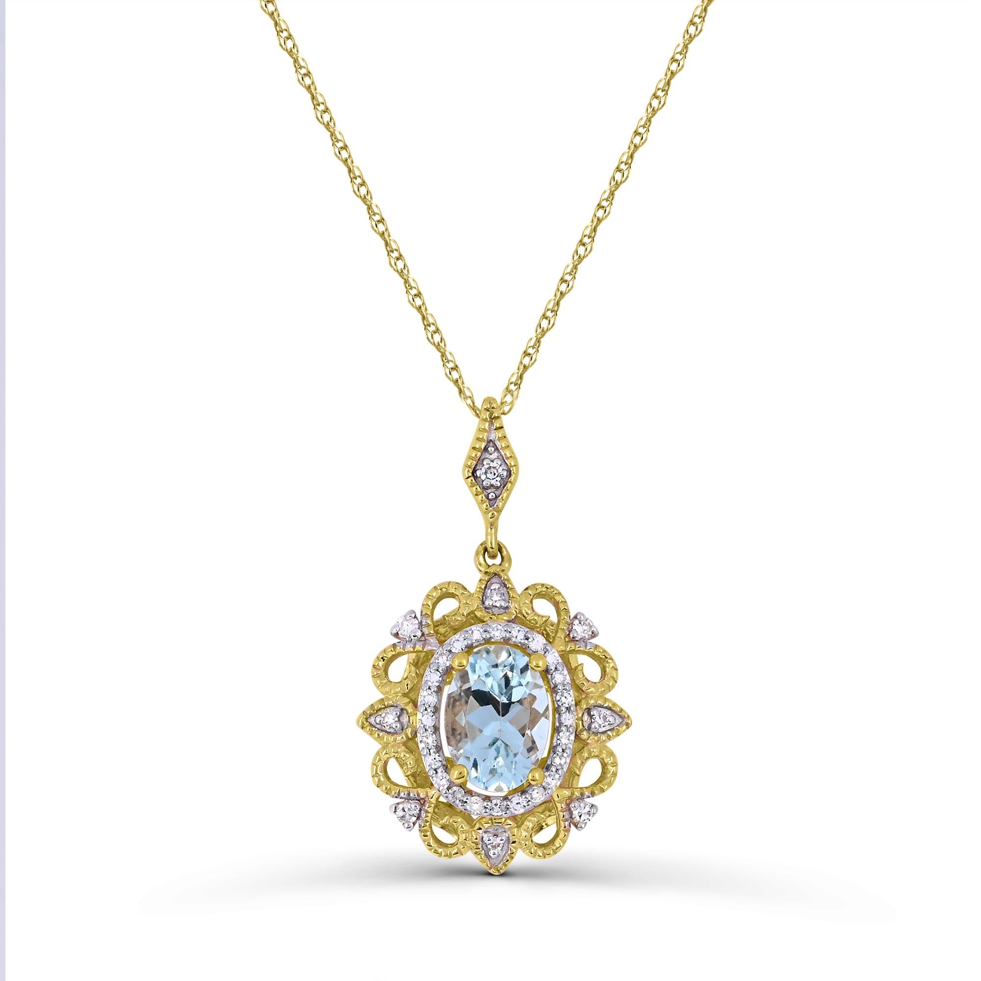 Indulge in the elegance of our Oval Aquamarine and Round White Diamond Pendant Necklace in 14K Yellow Gold. Crafted with meticulous attention to detail, this necklace boasts a stunning combination of one oval aquamarine accented by sparkling round
