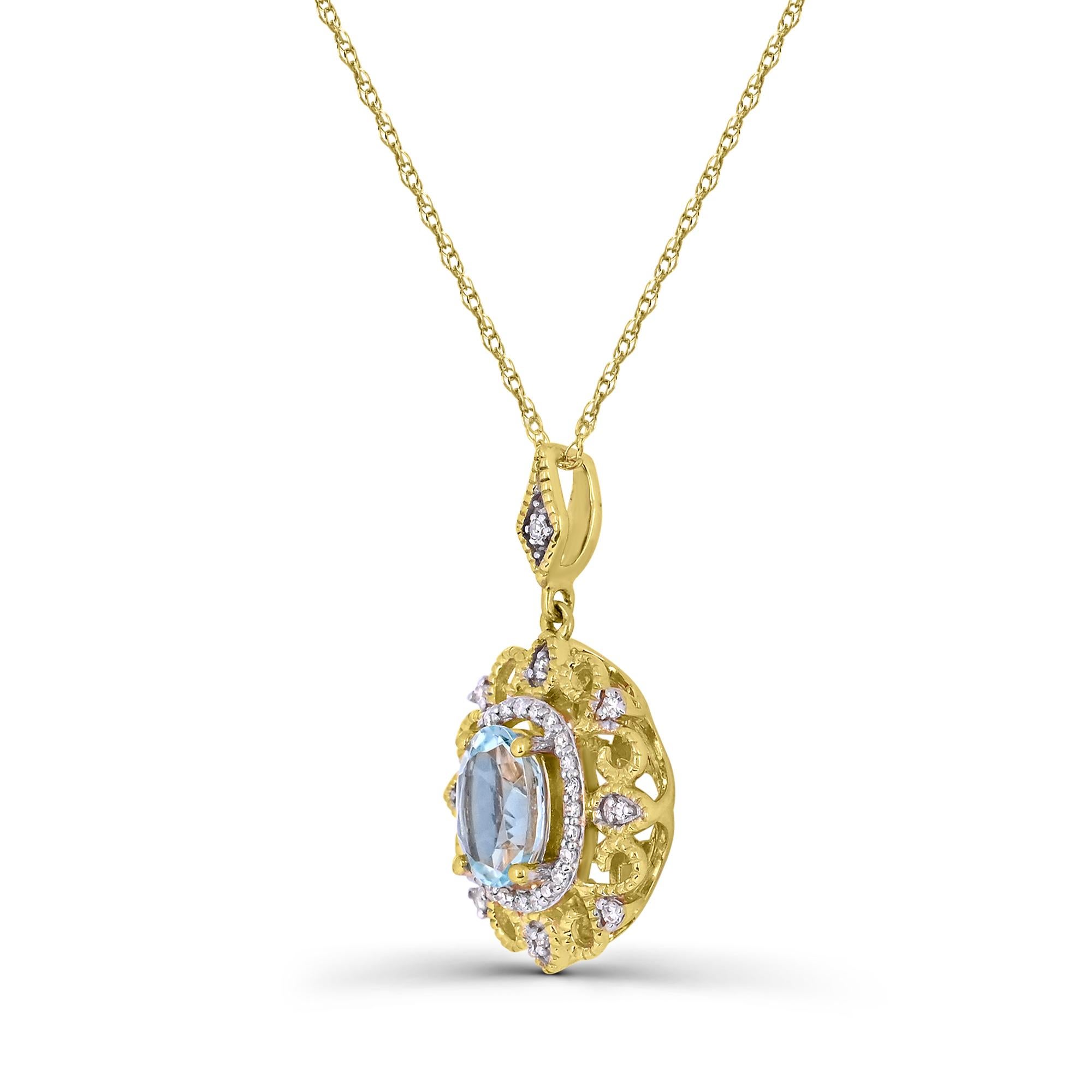 Contemporary 1/2 ct. Oval Aquamarine and Diamond Accent 14K Yellow Gold Pendant Necklace For Sale