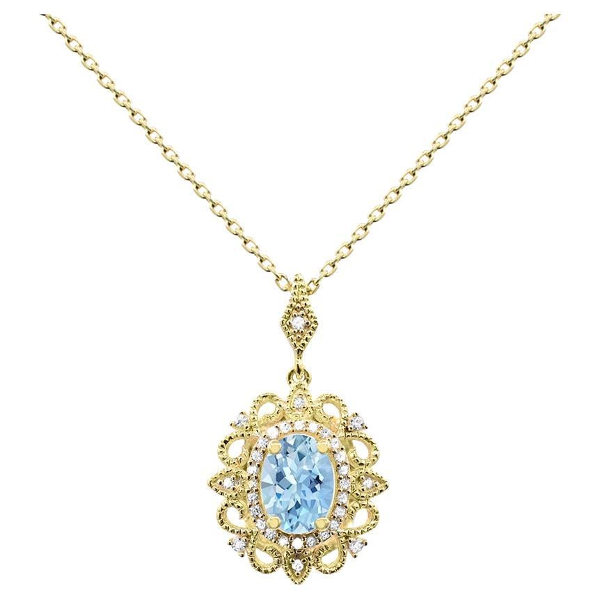 1/2 ct. Oval Aquamarine and Diamond Accent 14K Yellow Gold Pendant Necklace For Sale