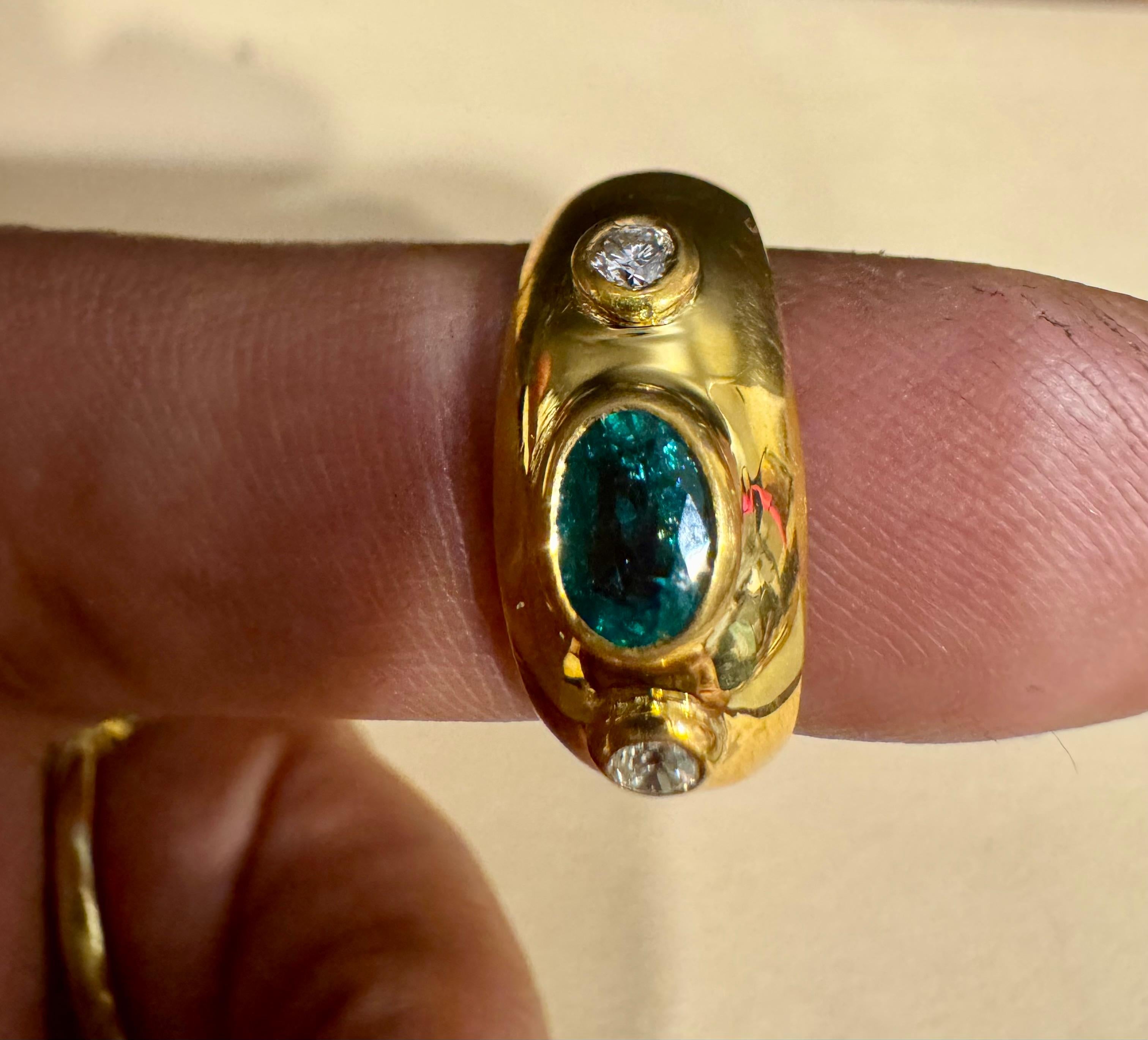 1/2 Ct Oval Emerald  &  Diamond Bezel Set Ring 18 Karat Yellow Gold,  Size 6.5 1