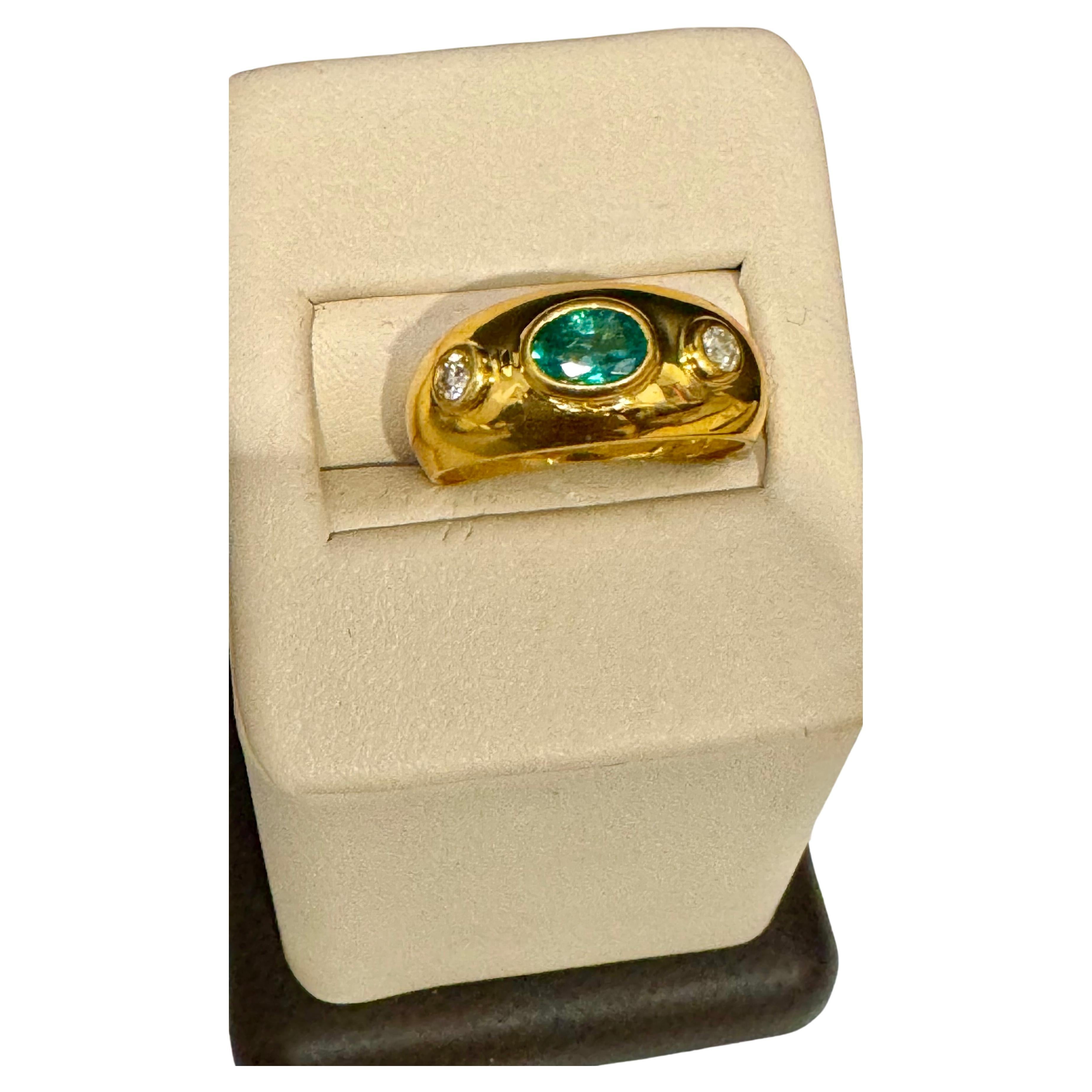 1/2 Ct Oval Emerald  &  Diamond Bezel Set Ring 18 Karat Yellow Gold,  Size 6.5