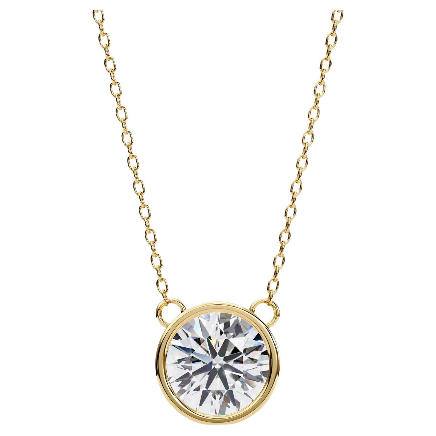 1/2 Ct Round Solitaire Diamond Pendant Necklace, Bezel Set 14K Solid Gold, SI GH For Sale
