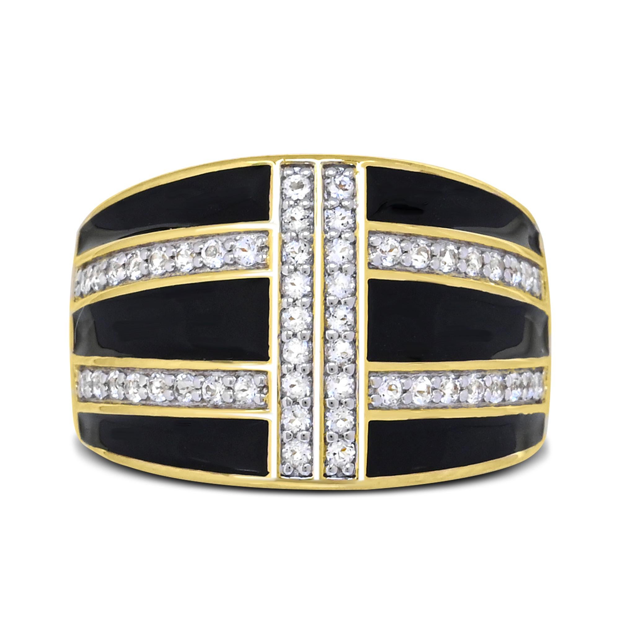 Indulge in the uniqueness of our White Topaz and Black Enamel 14K Yellow Gold over Sterling Silver Band Ring. Crafted with meticulous attention to detail, this ring boasts a charming combination of pave setting white topaz embedded in black enamel.