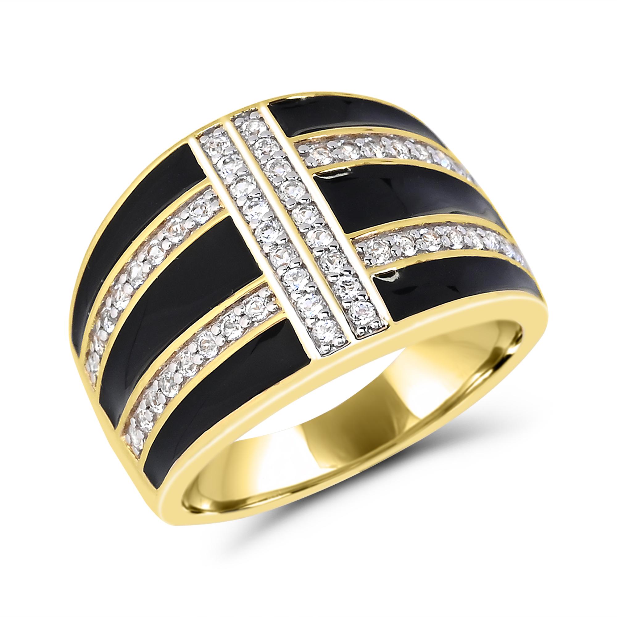 Contemporary 1/2 ct. White Topaz and Black Enamel 14K Gold over Sterling Silver Band Ring For Sale