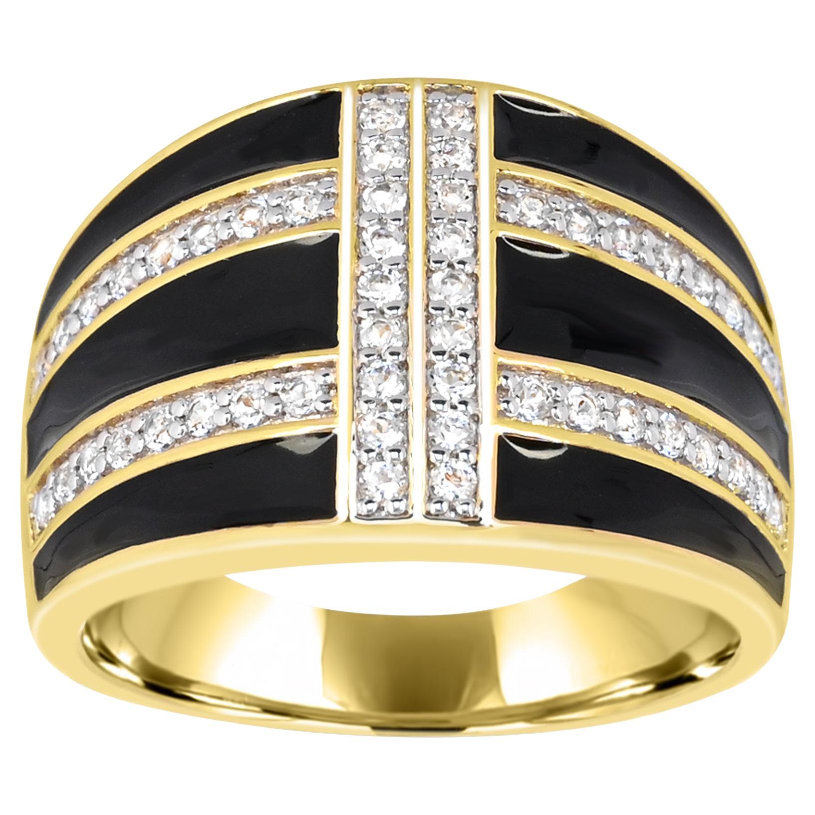 1/2 ct. White Topaz and Black Enamel 14K Gold over Sterling Silver Band Ring For Sale