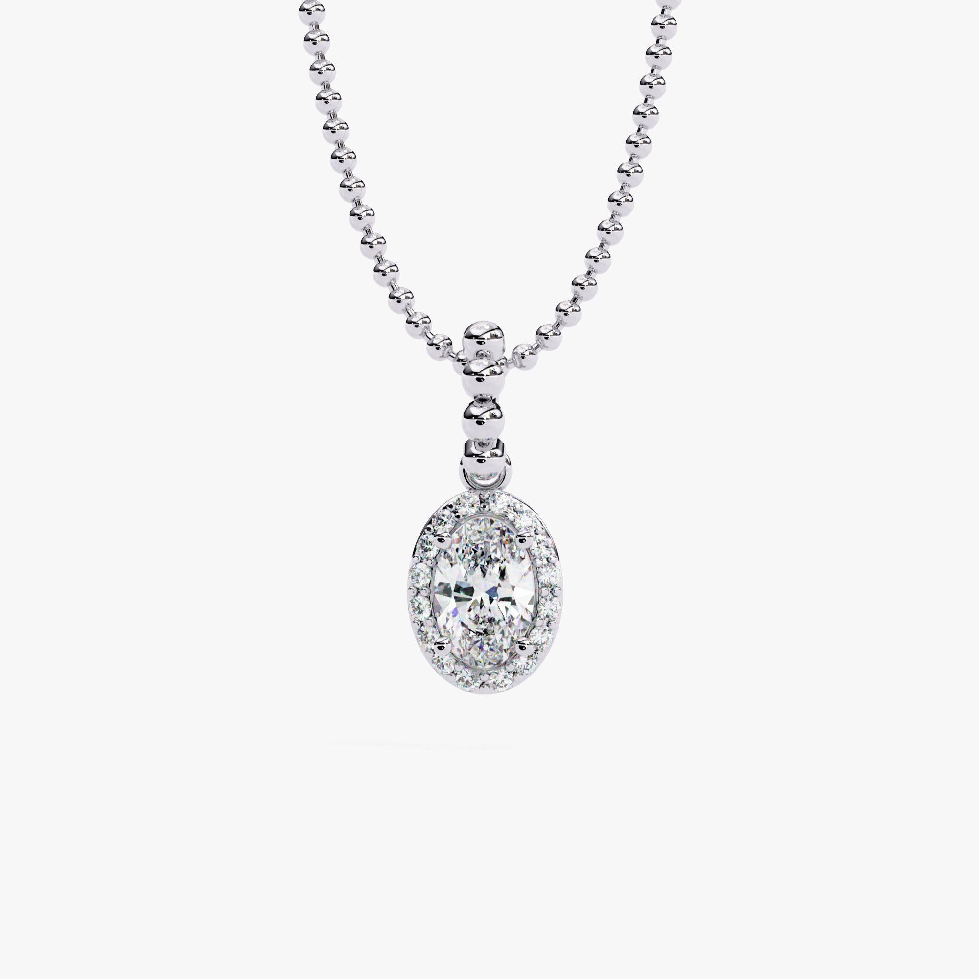 Taglio ovale 1/2 Ctw Dainty Oval Halo Diamond Collana con catena a perline, oro massiccio 14K, SI in vendita