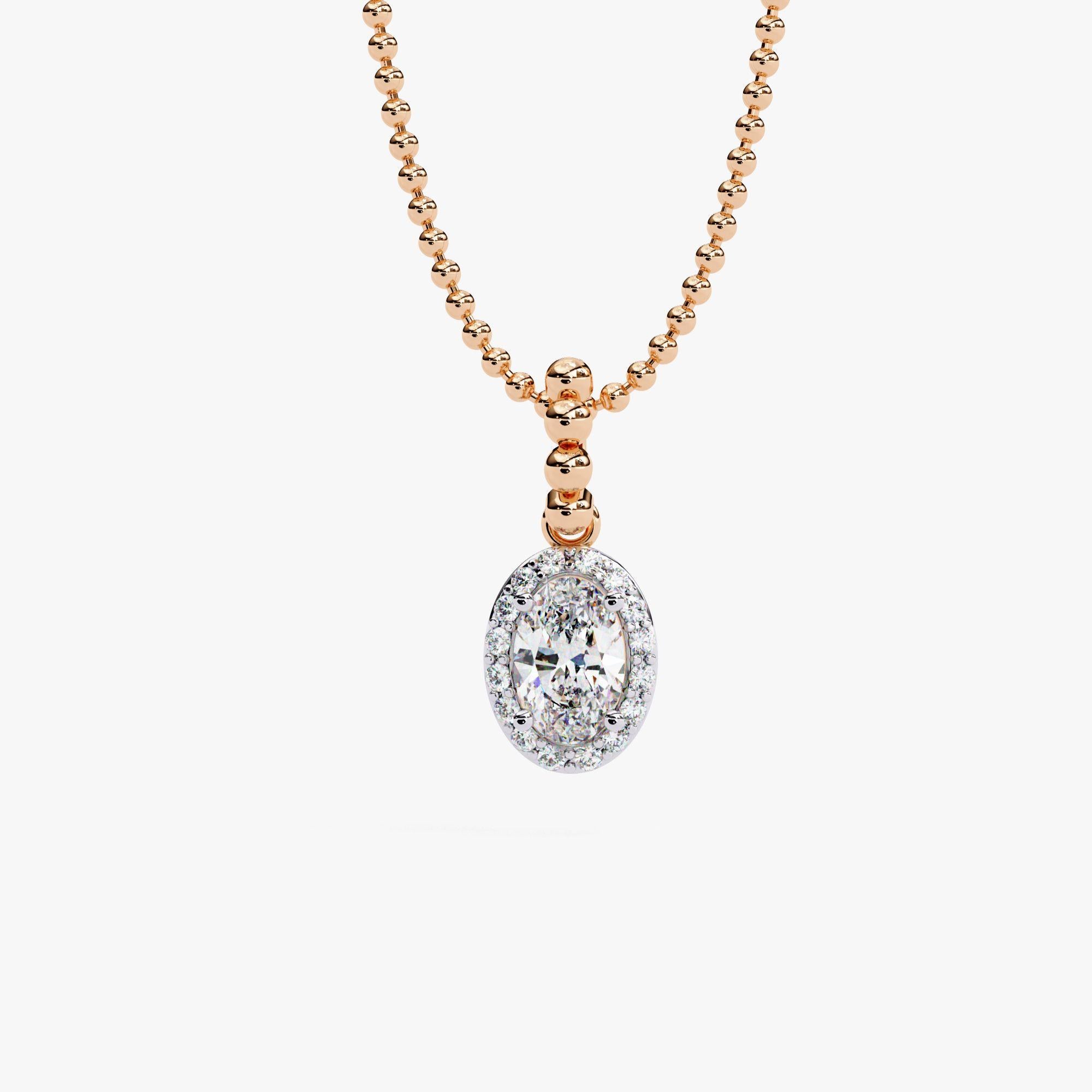 da uomo o donna 1/2 Ctw Dainty Oval Halo Diamond Collana con catena a perline, oro massiccio 14K, SI in vendita