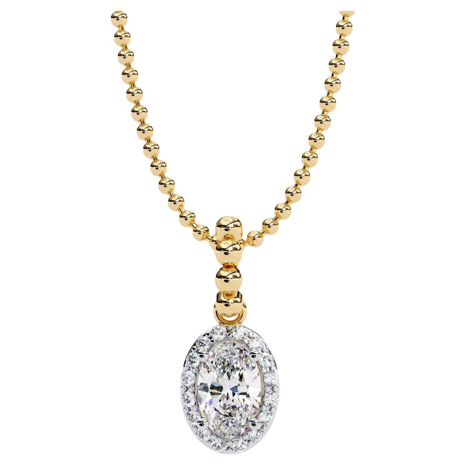 1/2 Ctw Dainty Oval Halo Diamond Pendant Necklace Bead Chain, 14K Solid Gold, SI