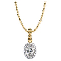 1/2 Ctw Dainty Oval Halo Diamond Pendant Necklace Bead Chain, 14K Solid Gold, SI