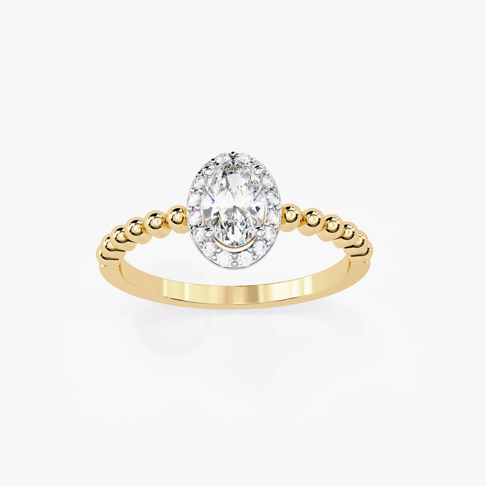 Oval Cut 1/2 Ctw Oval Halo Diamond Engagement Ring Bead Band 14K Solid Gold, SI GH For Sale