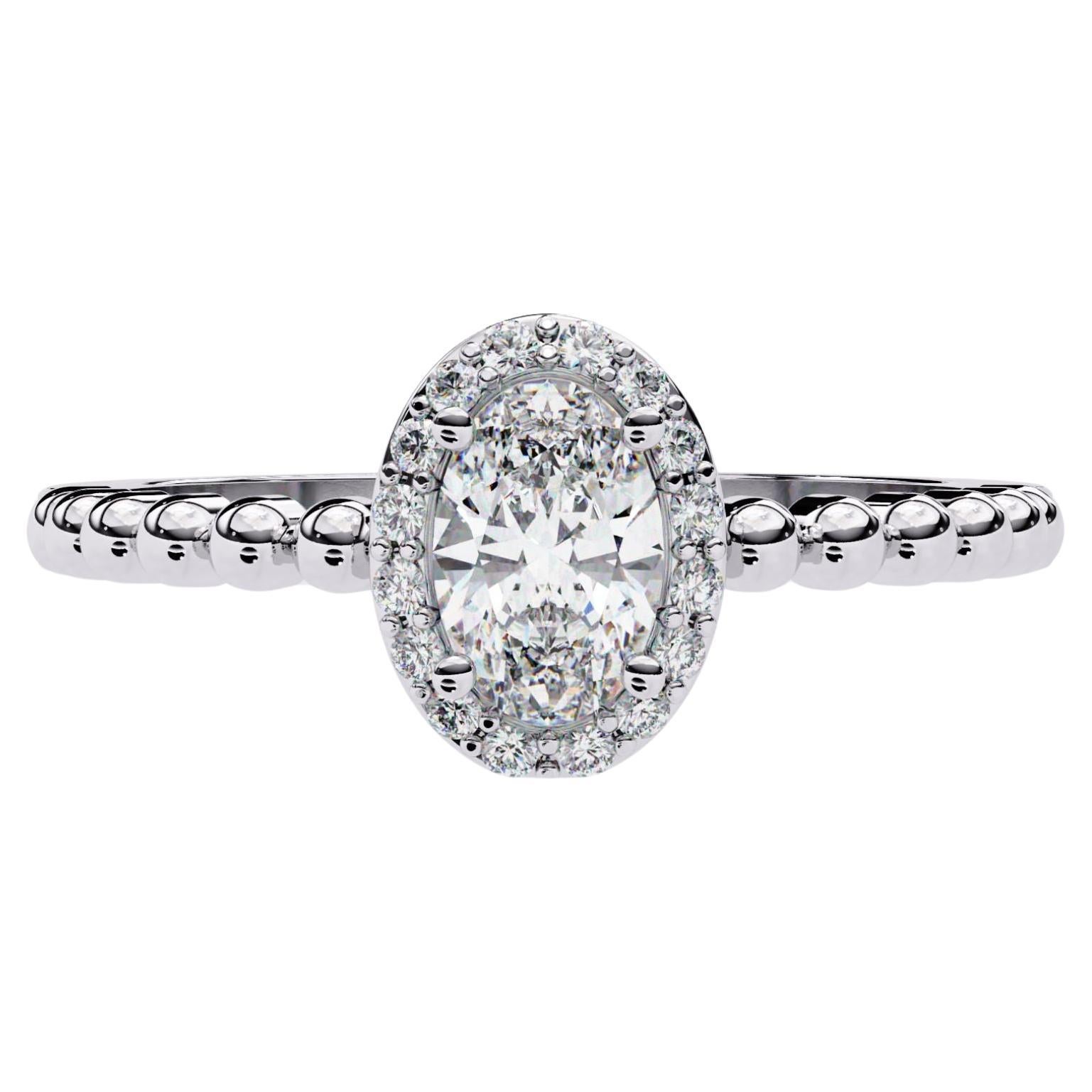 1/2 Ctw Oval Halo Diamond Engagement Ring Bead Band 14K Solid Gold, SI GH For Sale