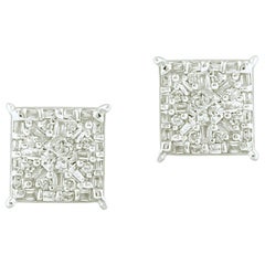 Vintage 1/2 Carat Round 
Baguette Certified Diamond Square Earring in 14k White Gold