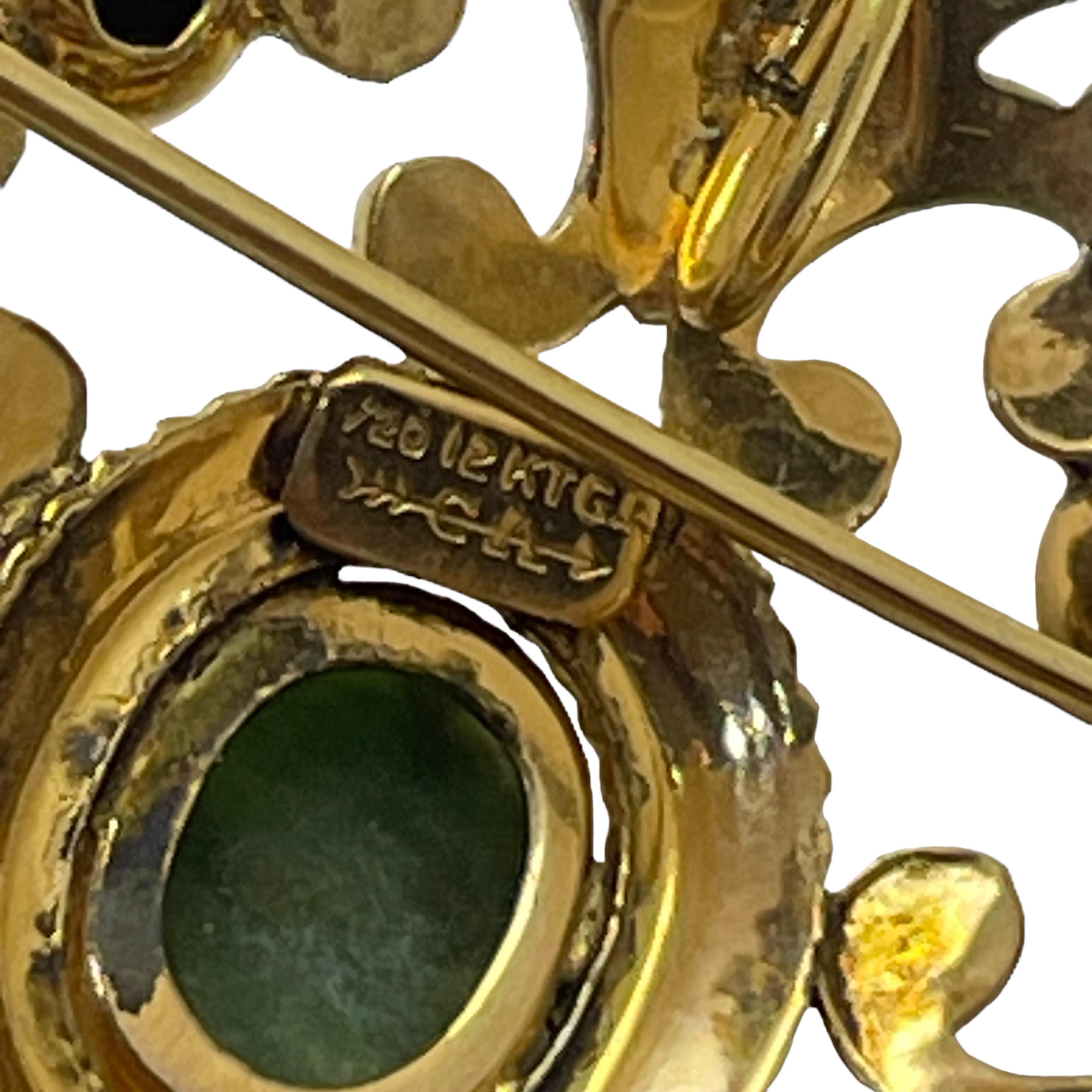 1/20 12kt signierte Designer Gold gefüllte grüne Jade Malteserkreuz-Brosche Anhänger Damen im Angebot