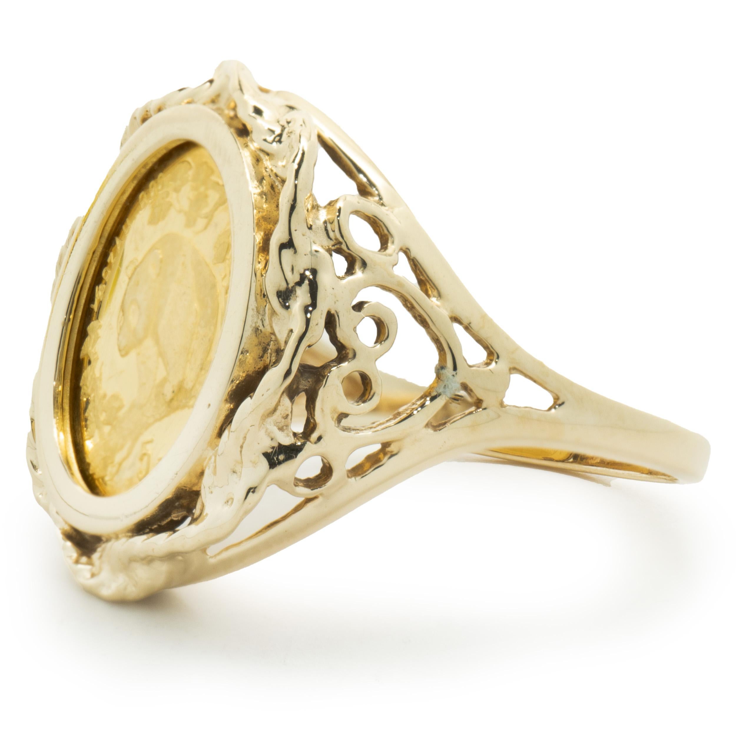 Designer: custom
Material: 14K yellow gold 
Dimensions: ring measures 18.50mm wide
Size: 6.5
Weight: 5.40 grams