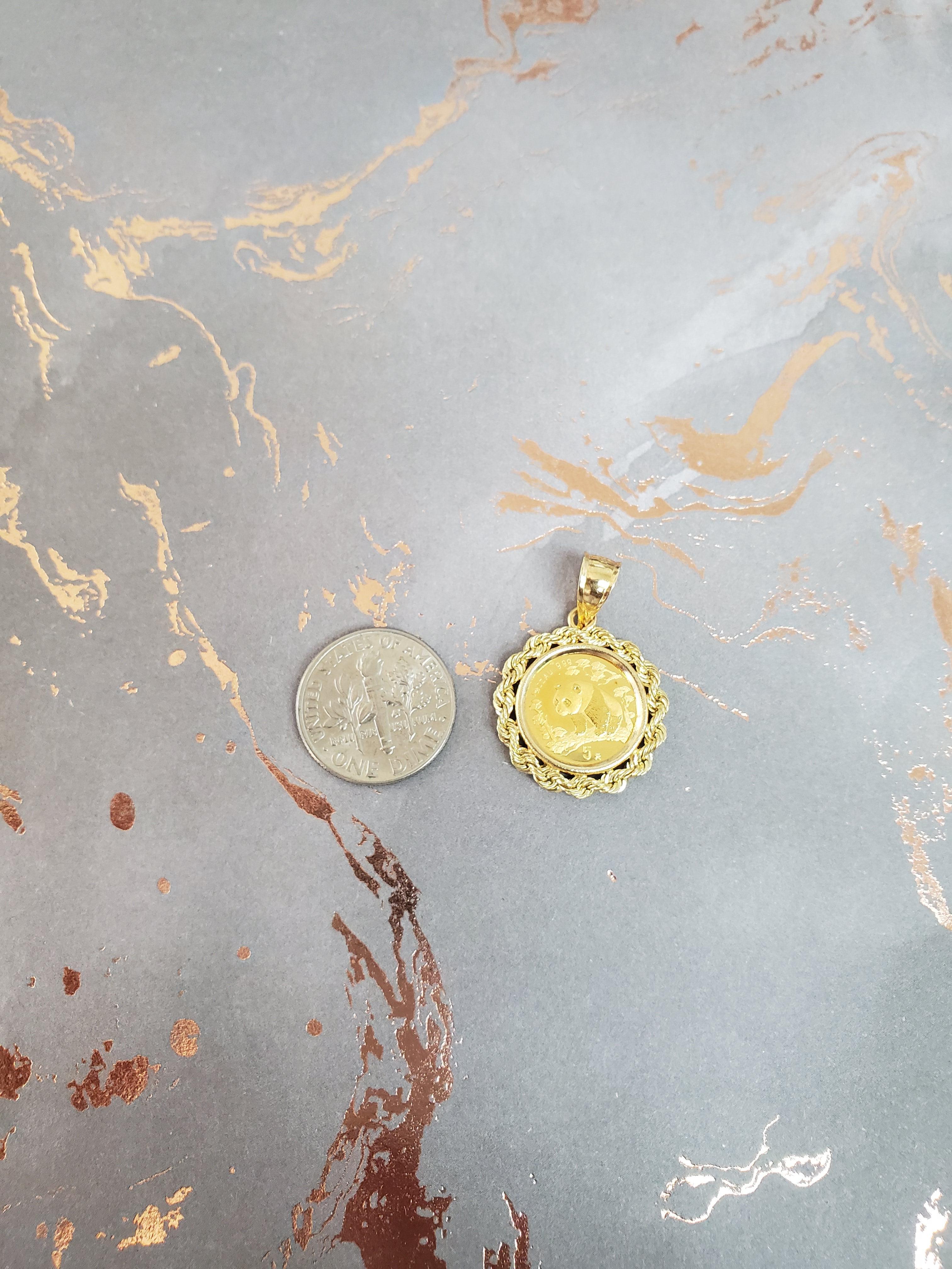 ♥ Coin Information  ♥

Type: Coin
Metal Content: 1/20OZ
Country: China
Year: Varies
Denomination: 5 Yuan
Composition: .999 Gold

 ♥ Bezel Information  ♥

Halo Setting Material: 14k Yellow Gold
Dimensions: 27 mm x 19 mm w. bail
Weight: 3 grams