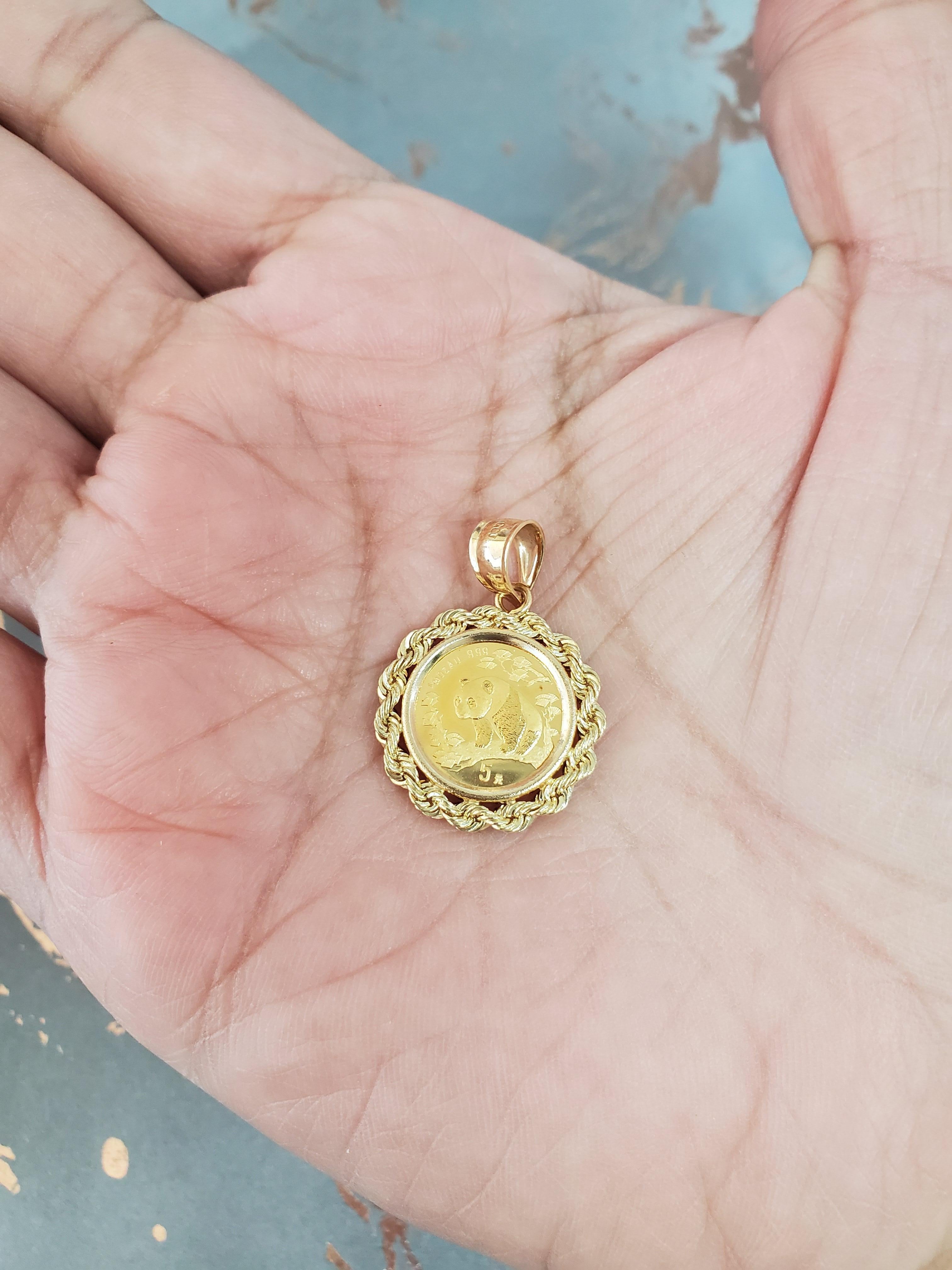 Women's or Men's 1/20OZ Fine Gold Panda Coin Necklace with Rope Bezel For Sale