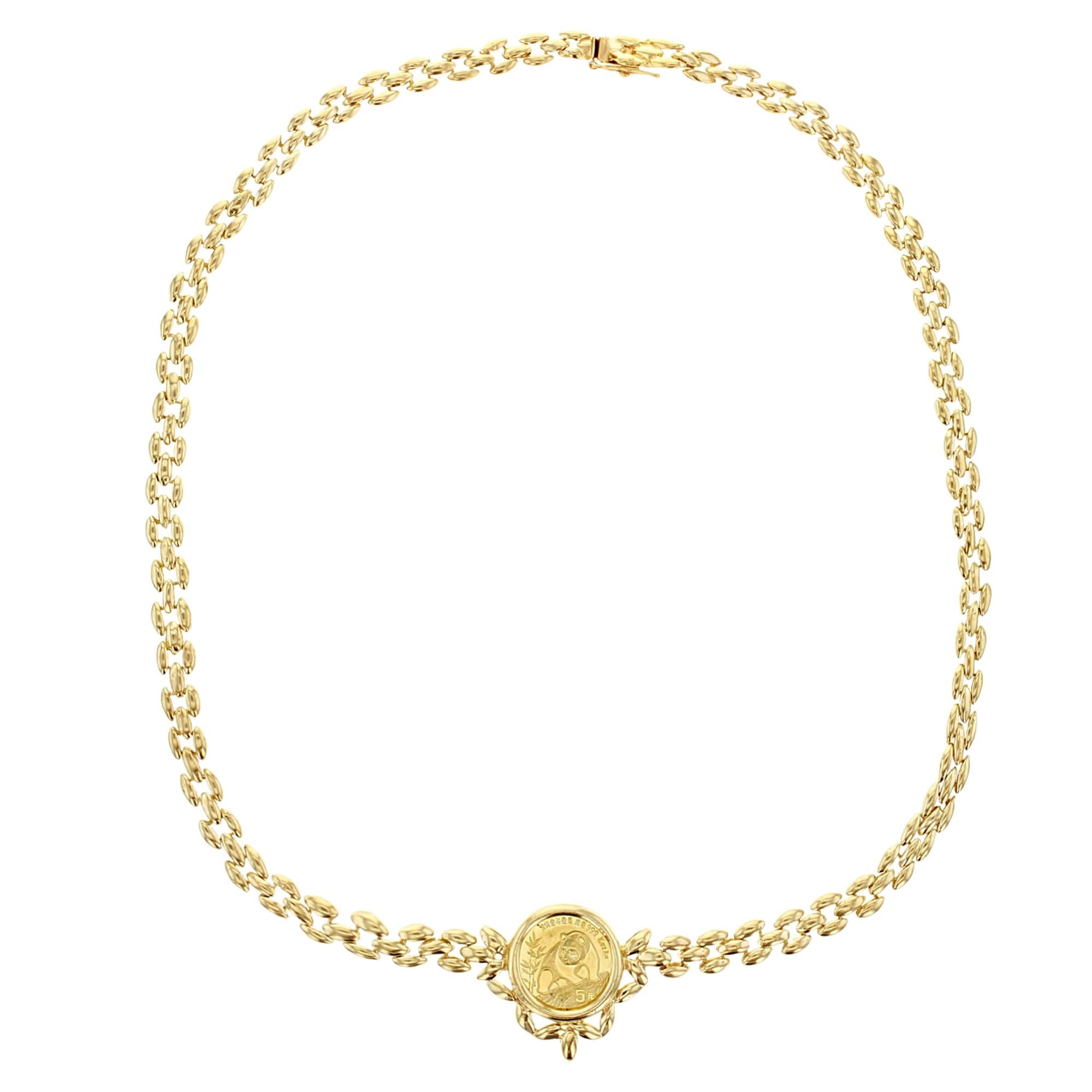 1/20OZ Panda Coin Necklace with 14k Yellow Gold Polished Link Chain- signet pend Unisexe en vente
