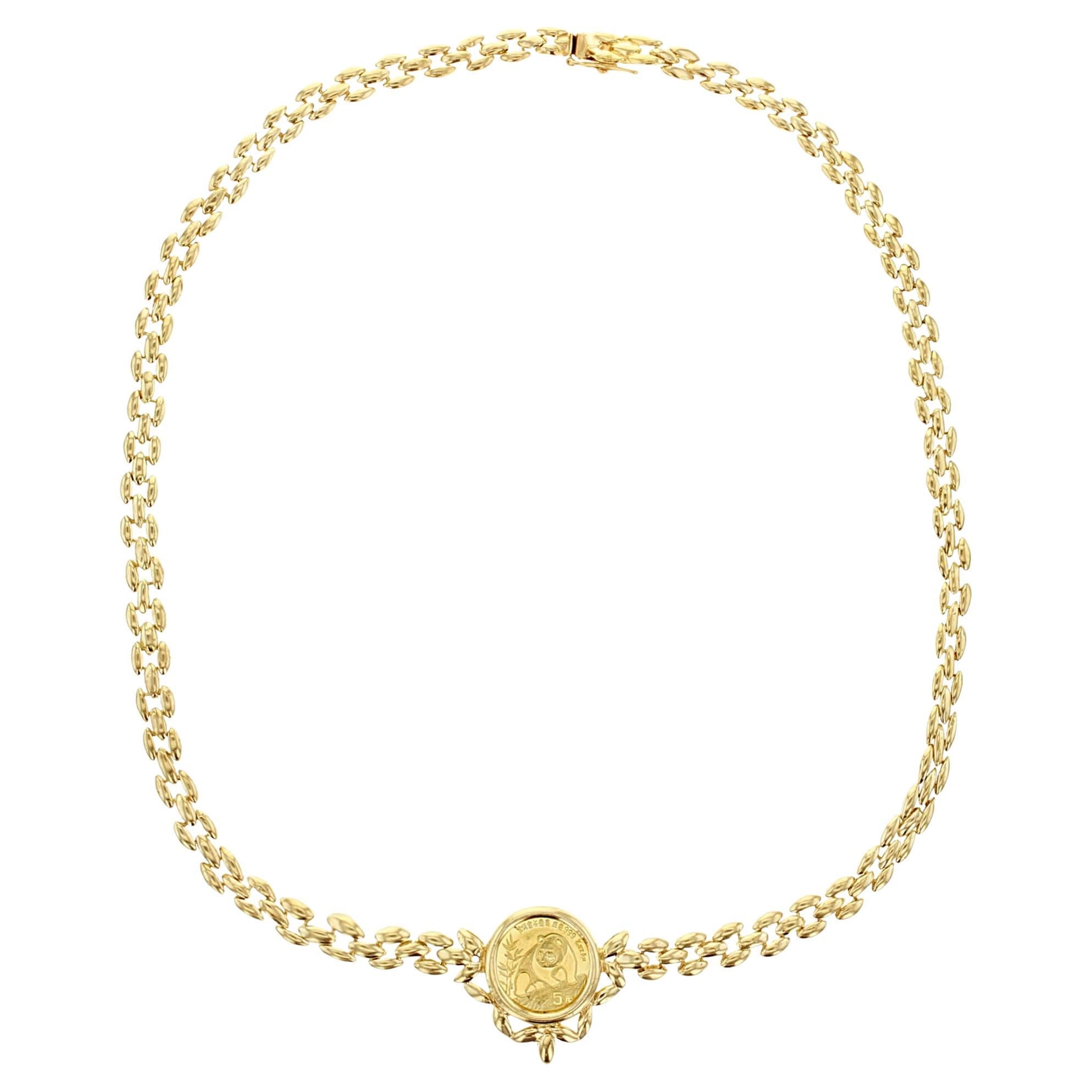 1/20OZ Panda Coin Necklace with 14k Yellow Gold Polished Link Chain- signet pend For Sale