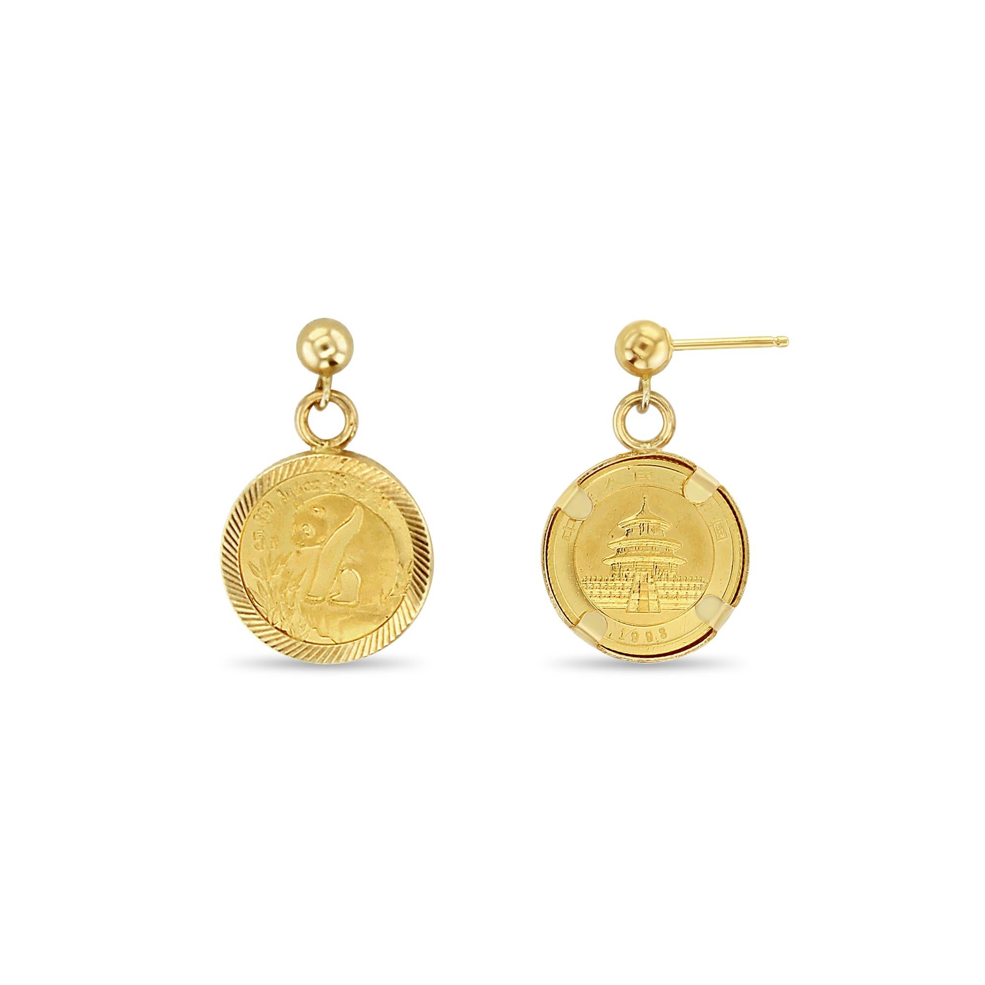 1/20OZ Panda Gold Coin Drop Earrings with Diamond Cut Bezel - 14k Yellow Gold In New Condition For Sale In Sugar Land, TX