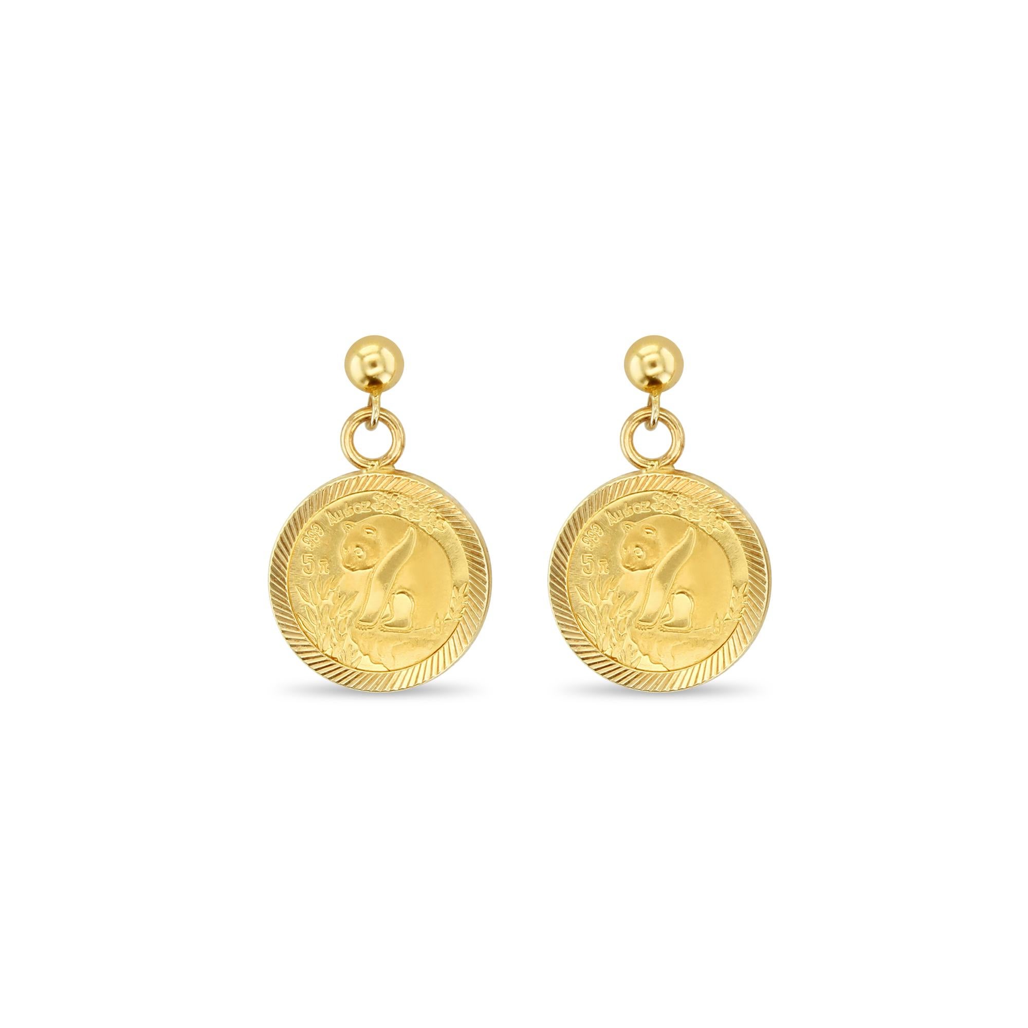 Women's or Men's 1/20OZ Panda Gold Coin Drop Earrings with Diamond Cut Bezel - 14k Yellow Gold For Sale