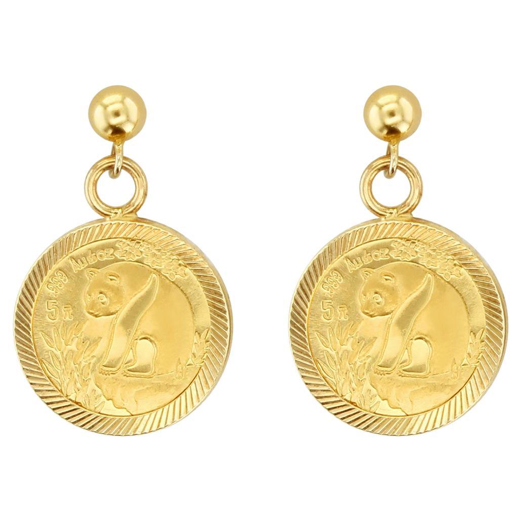 1/20OZ Panda Gold Coin Drop Earrings with Diamond Cut Bezel - 14k Yellow Gold