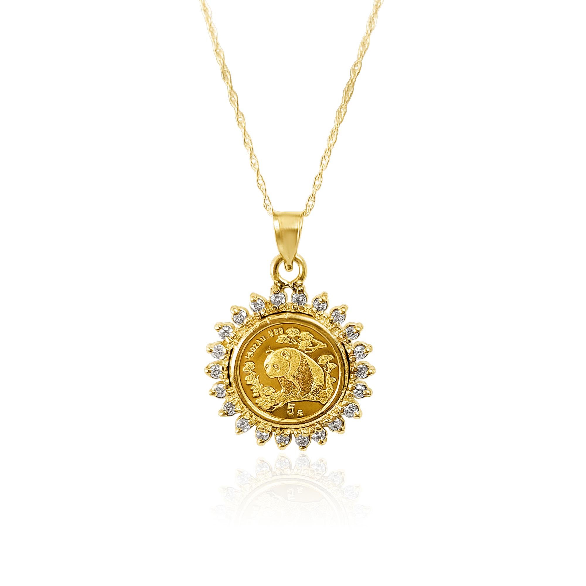 1/20OZ Panda Goldmünze-Halskette mit Diamant-Halo aus 14k Gelbgold im Zustand „Neu“ im Angebot in Sugar Land, TX