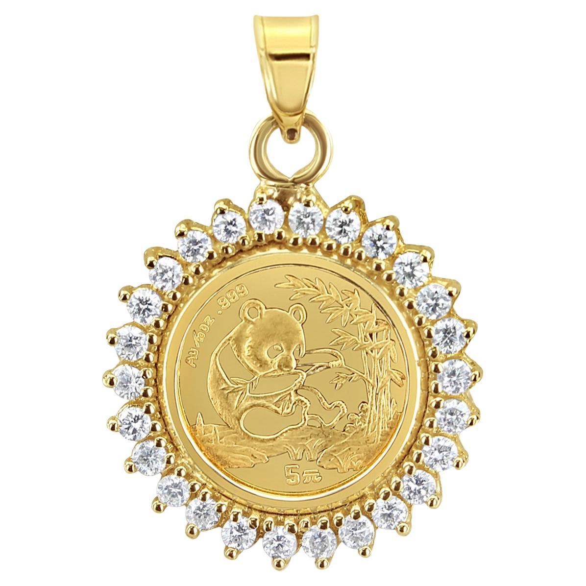 1/20OZ Panda Gold Coin Necklace with Diamond Halo 14k Yellow Gold For Sale